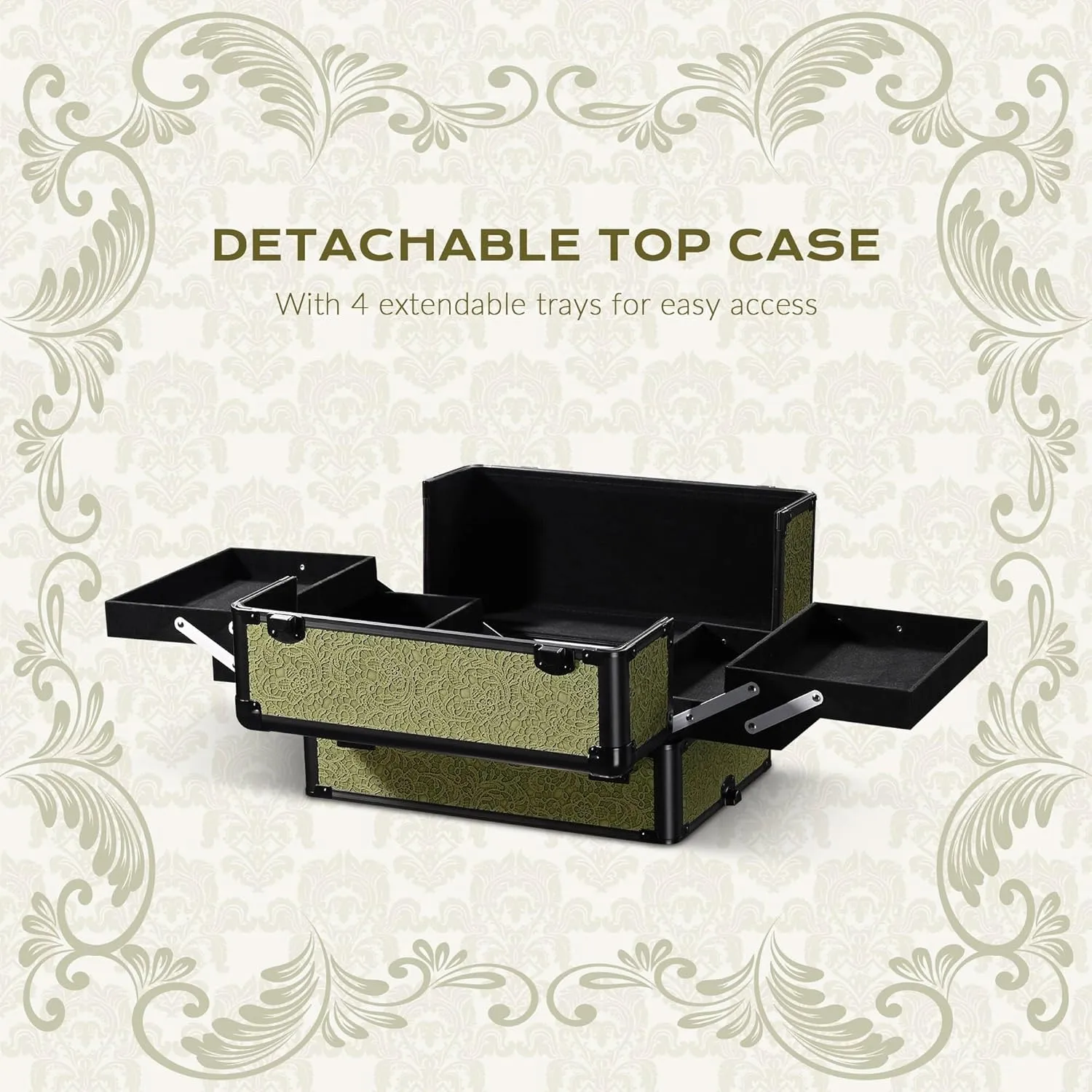 BYOOTIQUE Rolling Makeup Train Case on Wheels 4in1 Cosmetology Profesional Travel Cosmetic Bag Lockable Organizer Box for Hairstylist Artist Nail Beauty Salon Barber,Rococo Moss