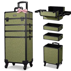 BYOOTIQUE Rolling Makeup Train Case on Wheels 4in1 Cosmetology Profesional Travel Cosmetic Bag Lockable Organizer Box for Hairstylist Artist Nail Beauty Salon Barber,Rococo Moss