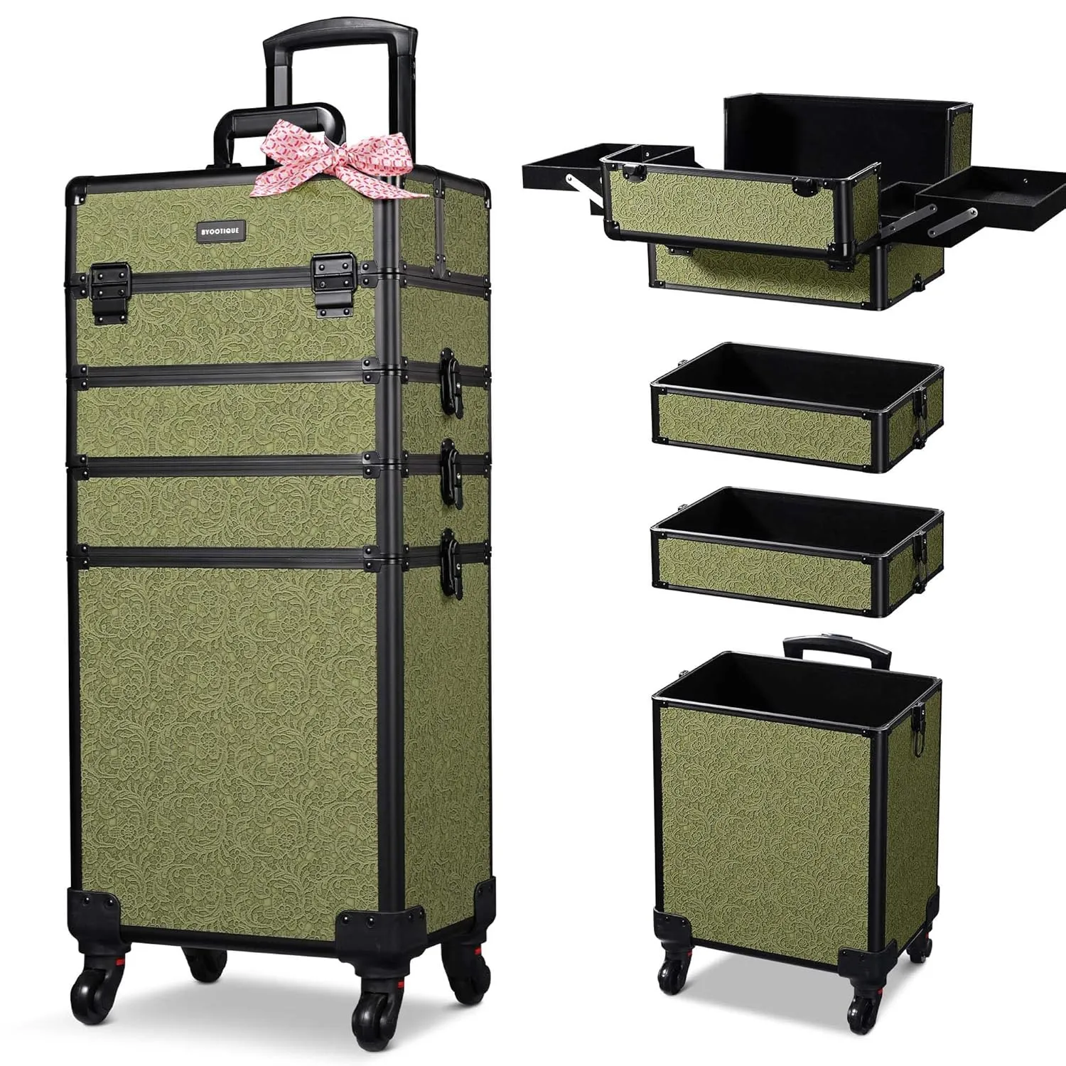 BYOOTIQUE Rolling Makeup Train Case on Wheels 4in1 Cosmetology Profesional Travel Cosmetic Bag Lockable Organizer Box for Hairstylist Artist Nail Beauty Salon Barber,Rococo Moss