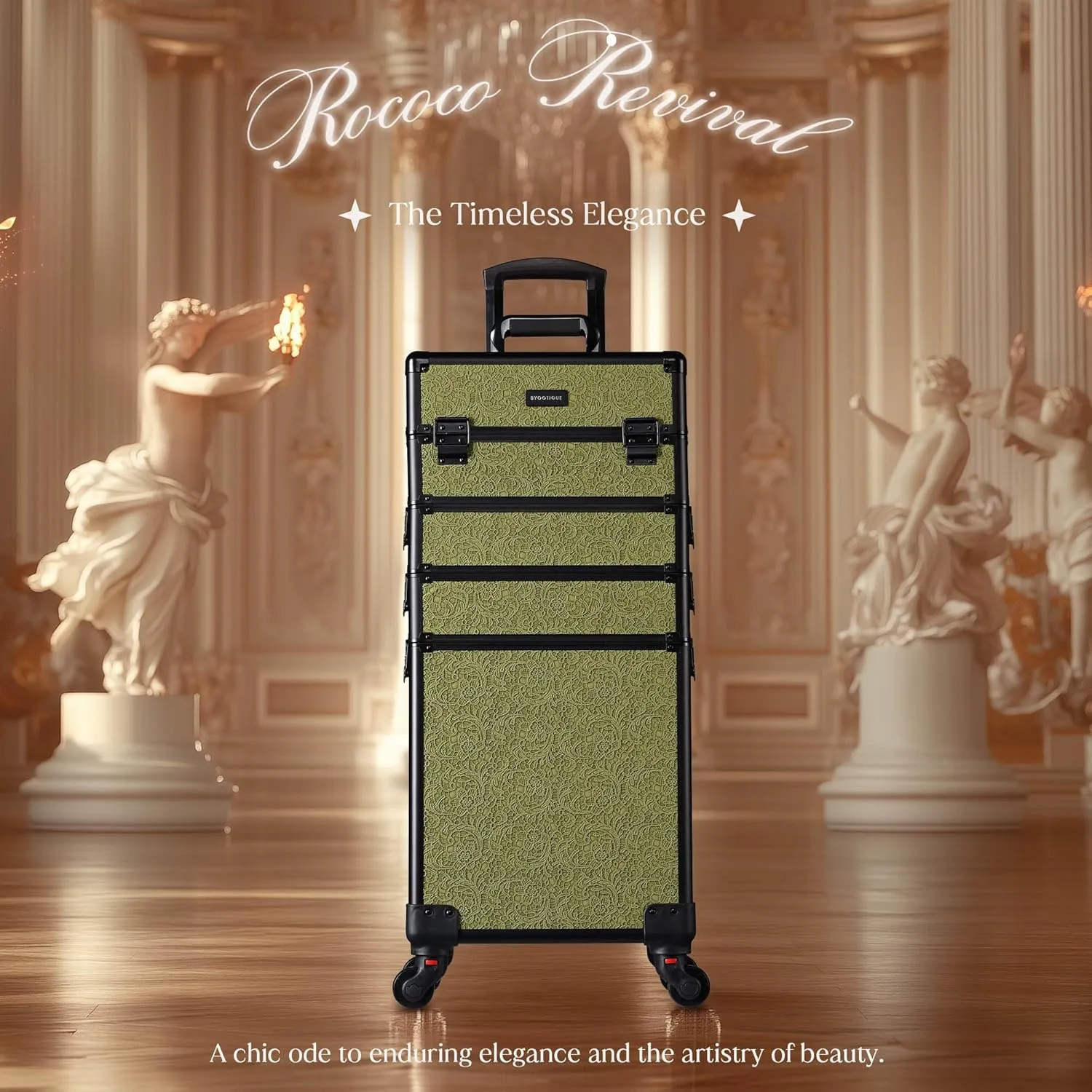 BYOOTIQUE Rolling Makeup Train Case on Wheels 4in1 Cosmetology Profesional Travel Cosmetic Bag Lockable Organizer Box for Hairstylist Artist Nail Beauty Salon Barber,Rococo Moss