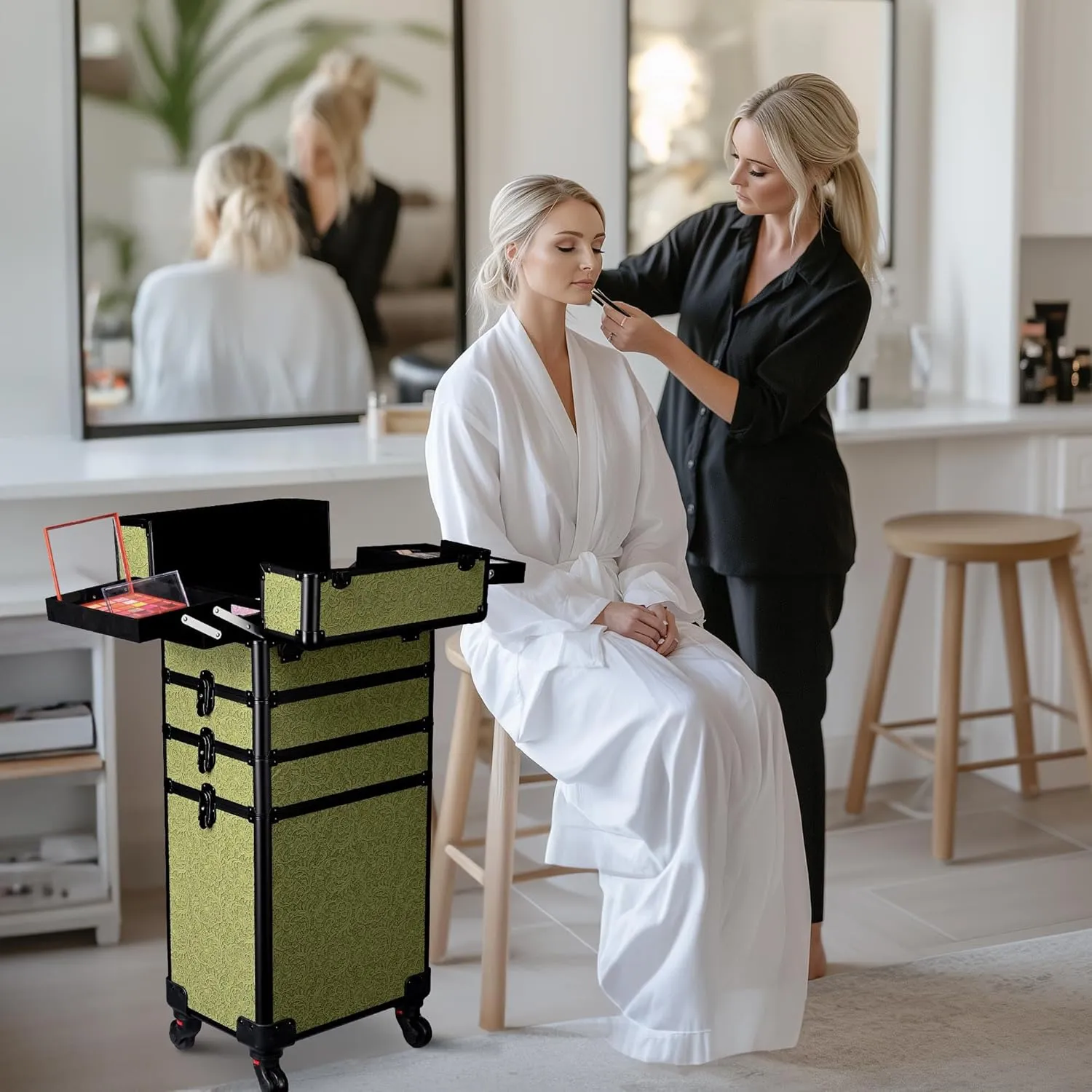 BYOOTIQUE Rolling Makeup Train Case on Wheels 4in1 Cosmetology Profesional Travel Cosmetic Bag Lockable Organizer Box for Hairstylist Artist Nail Beauty Salon Barber,Rococo Moss