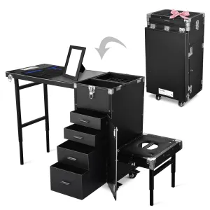 BYOOTIQUE Rolling Manicure Table Makeup Train Case with Pedicure Stool Patented Design Foldable Nail Desk Cosmetology Case on Wheels Cosmetic Trolley Organizer 4 Drawers for Salon, Black