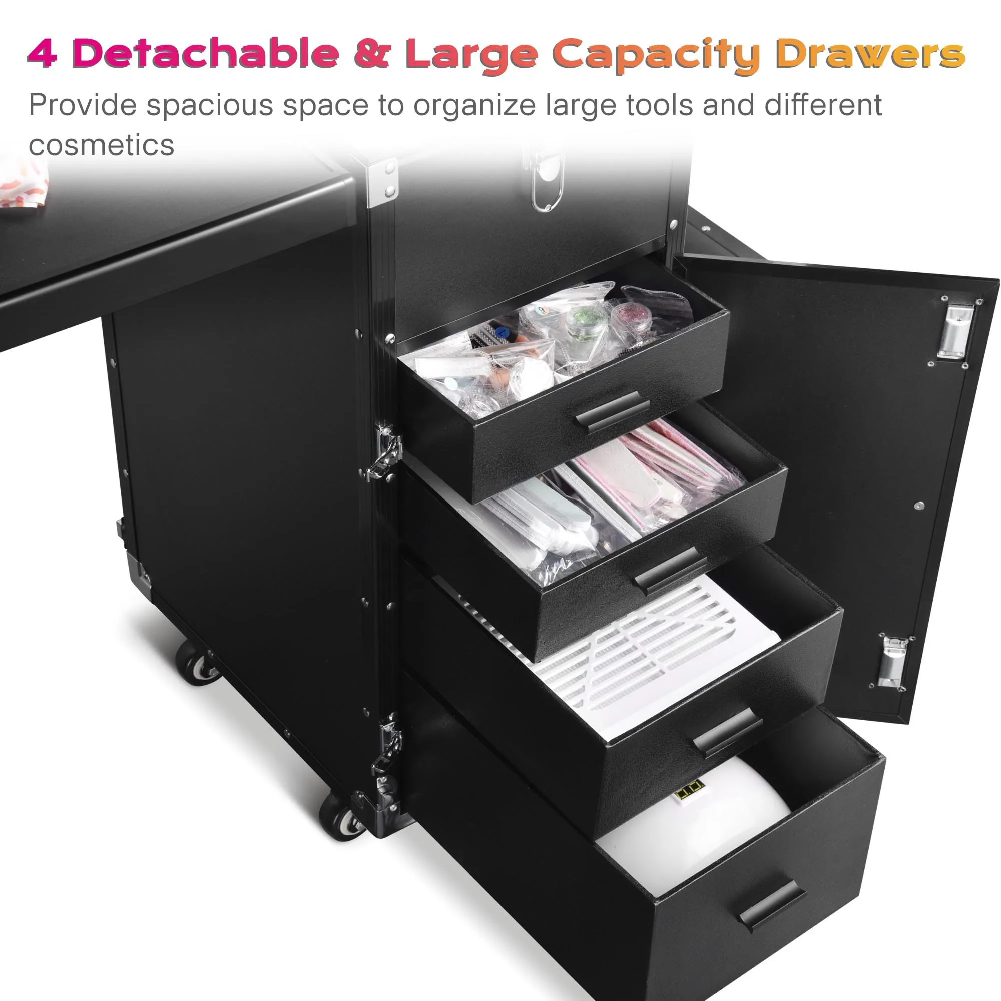 BYOOTIQUE Rolling Manicure Table Makeup Train Case with Pedicure Stool Patented Design Foldable Nail Desk Cosmetology Case on Wheels Cosmetic Trolley Organizer 4 Drawers for Salon, Black