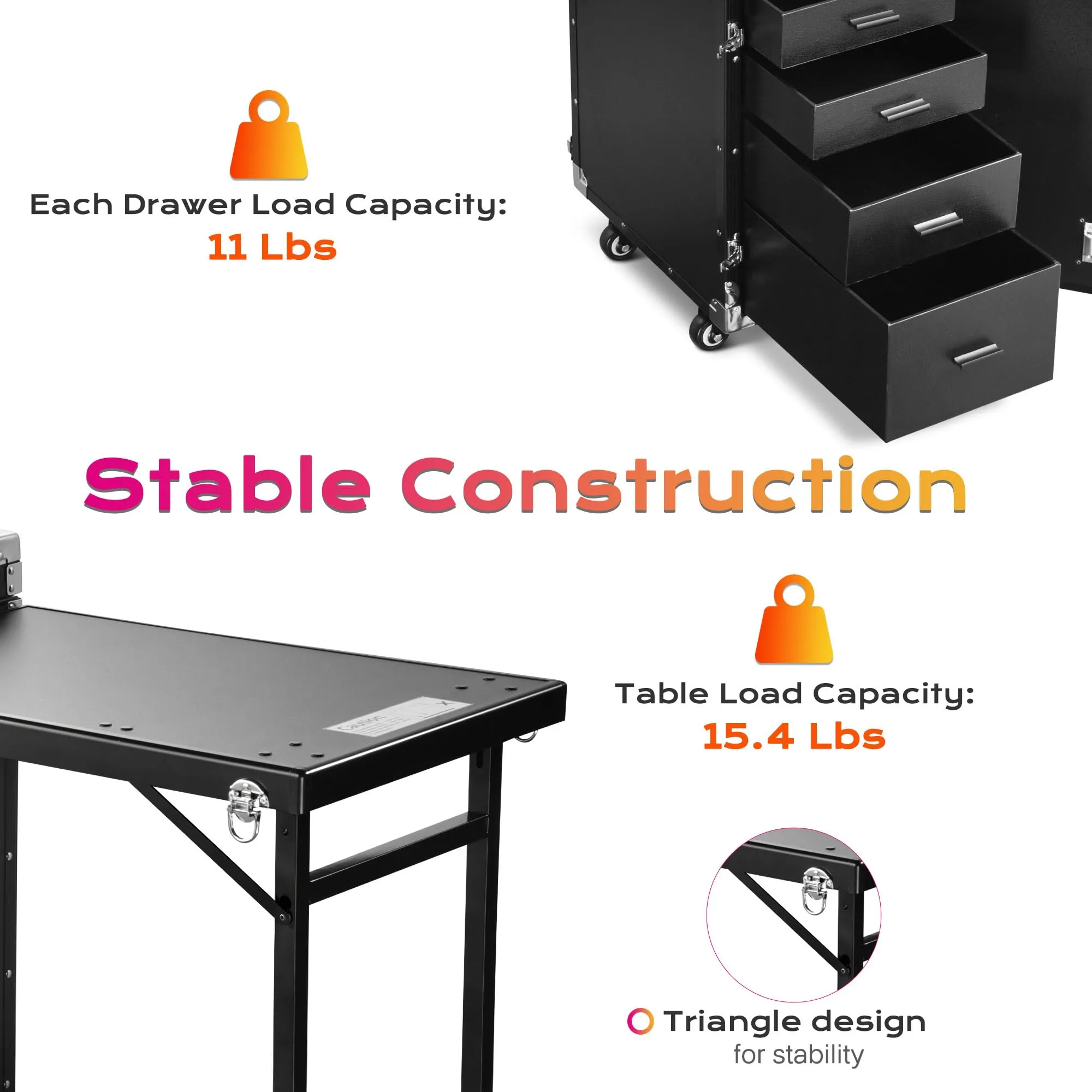 BYOOTIQUE Rolling Manicure Table Makeup Train Case with Pedicure Stool Patented Design Foldable Nail Desk Cosmetology Case on Wheels Cosmetic Trolley Organizer 4 Drawers for Salon, Black