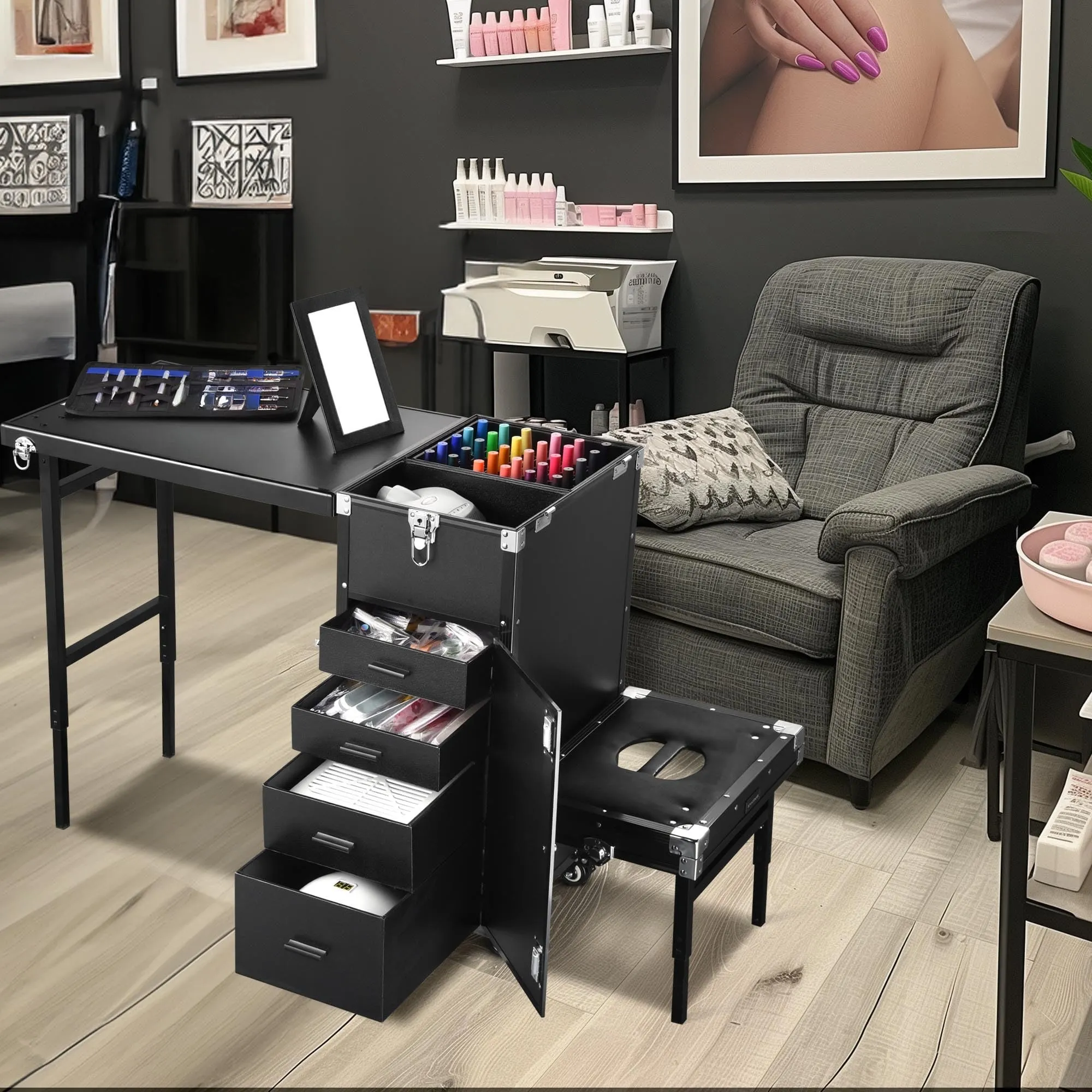 BYOOTIQUE Rolling Manicure Table Makeup Train Case with Pedicure Stool Patented Design Foldable Nail Desk Cosmetology Case on Wheels Cosmetic Trolley Organizer 4 Drawers for Salon, Black