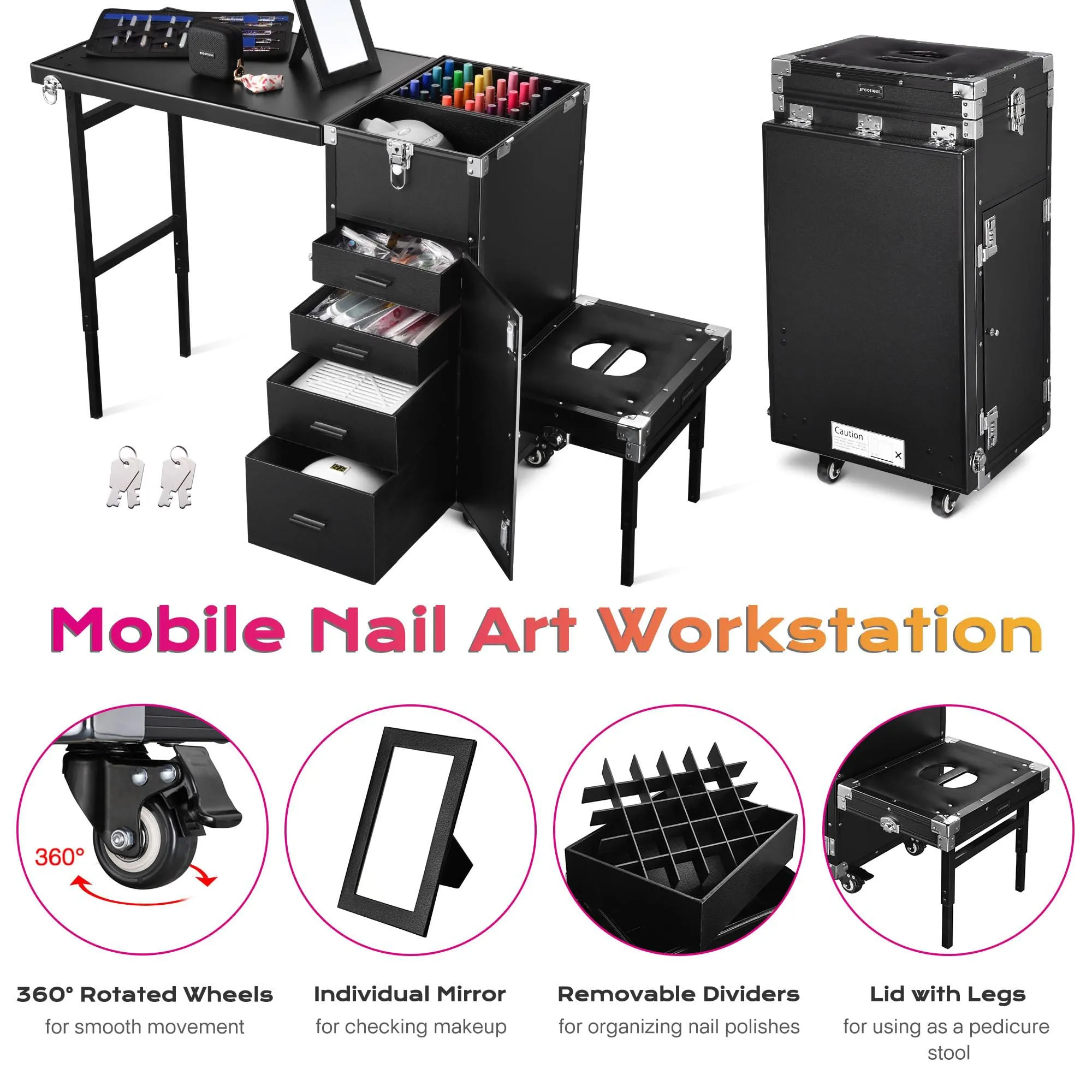 BYOOTIQUE Rolling Manicure Table Makeup Train Case with Pedicure Stool Patented Design Foldable Nail Desk Cosmetology Case on Wheels Cosmetic Trolley Organizer 4 Drawers for Salon, Black