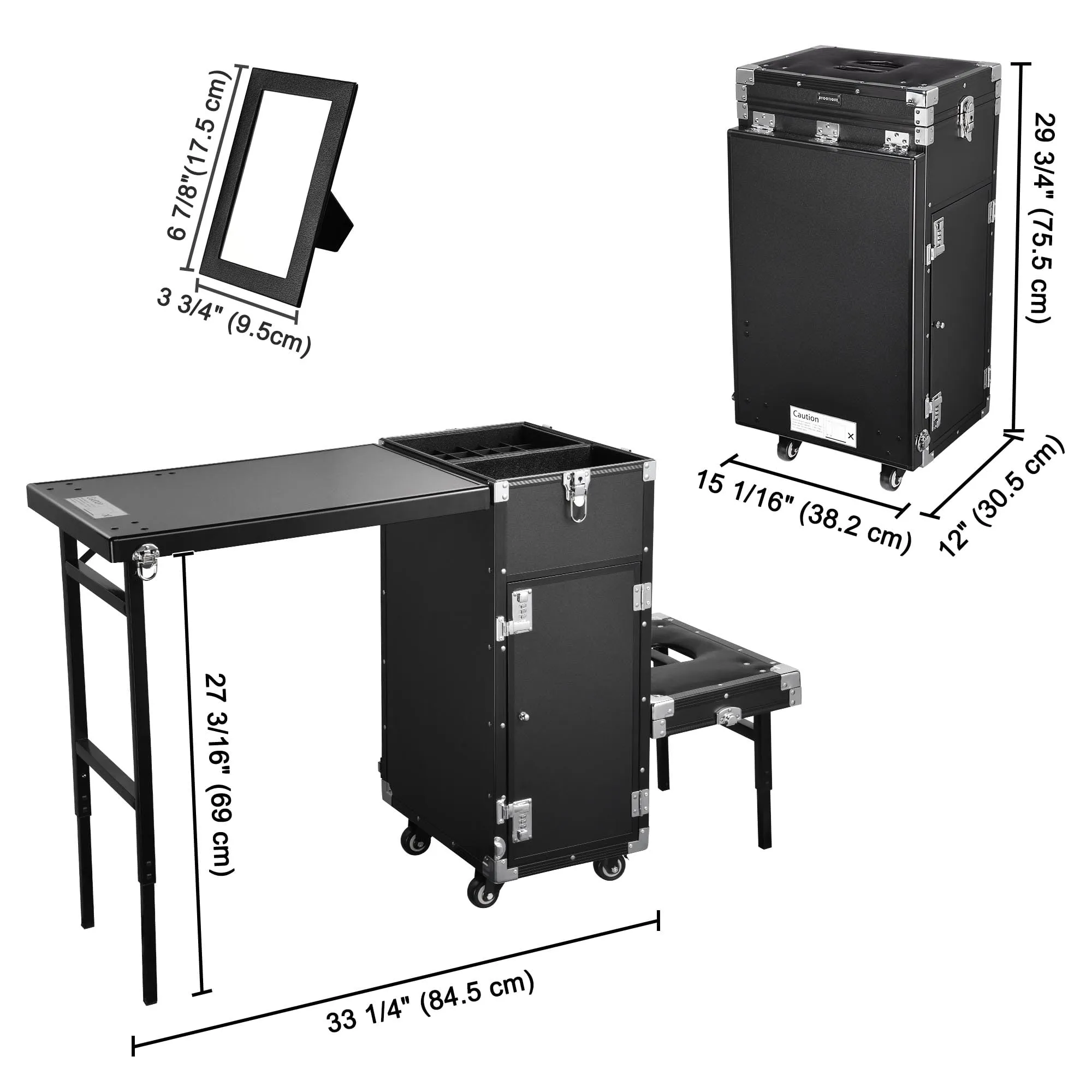 BYOOTIQUE Rolling Manicure Table Makeup Train Case with Pedicure Stool Patented Design Foldable Nail Desk Cosmetology Case on Wheels Cosmetic Trolley Organizer 4 Drawers for Salon, Black