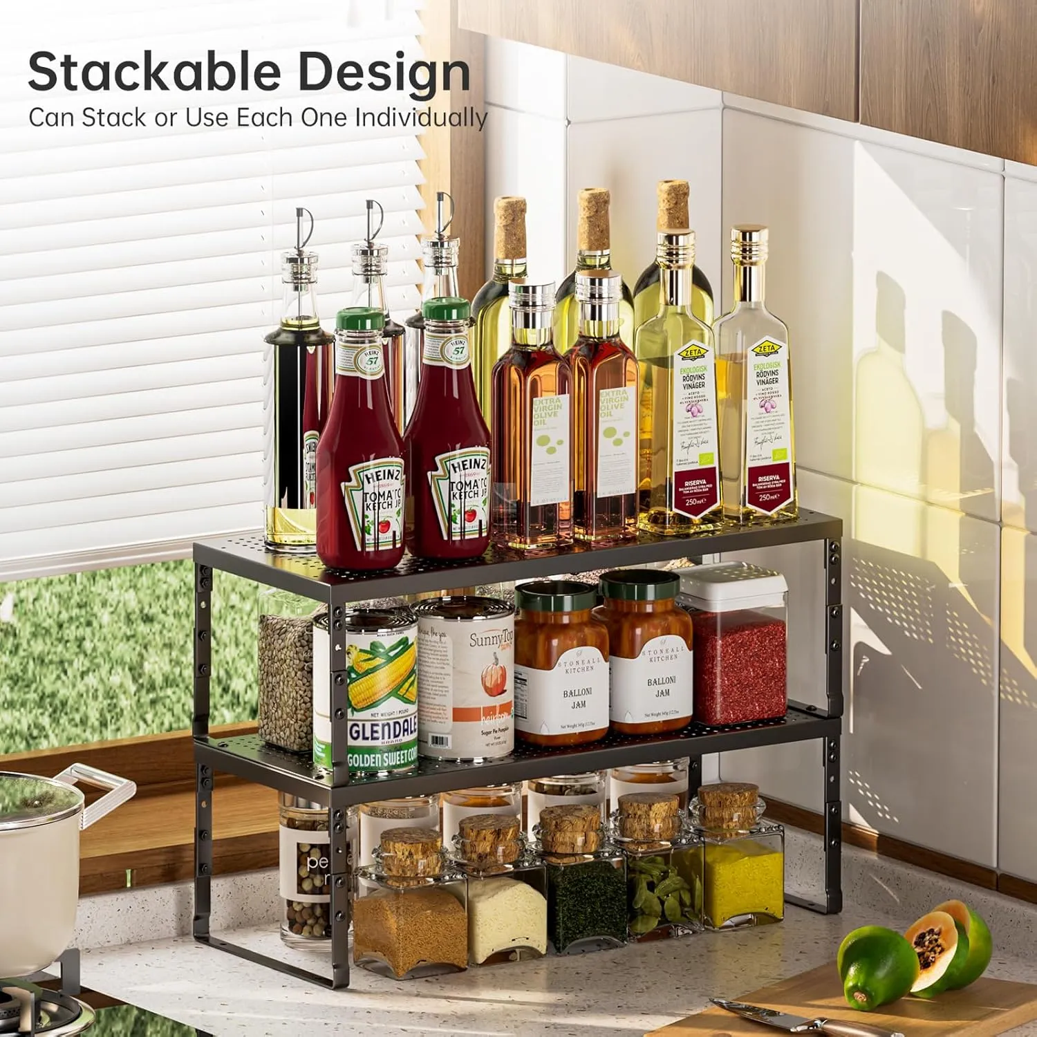 Cabinet Shelf,Expandable Adjustable Stackable Kitchen Organizer,for cabinets, Kitchens, countertops, bathrooms Shelf Organizer(2Packs/Black,Large)