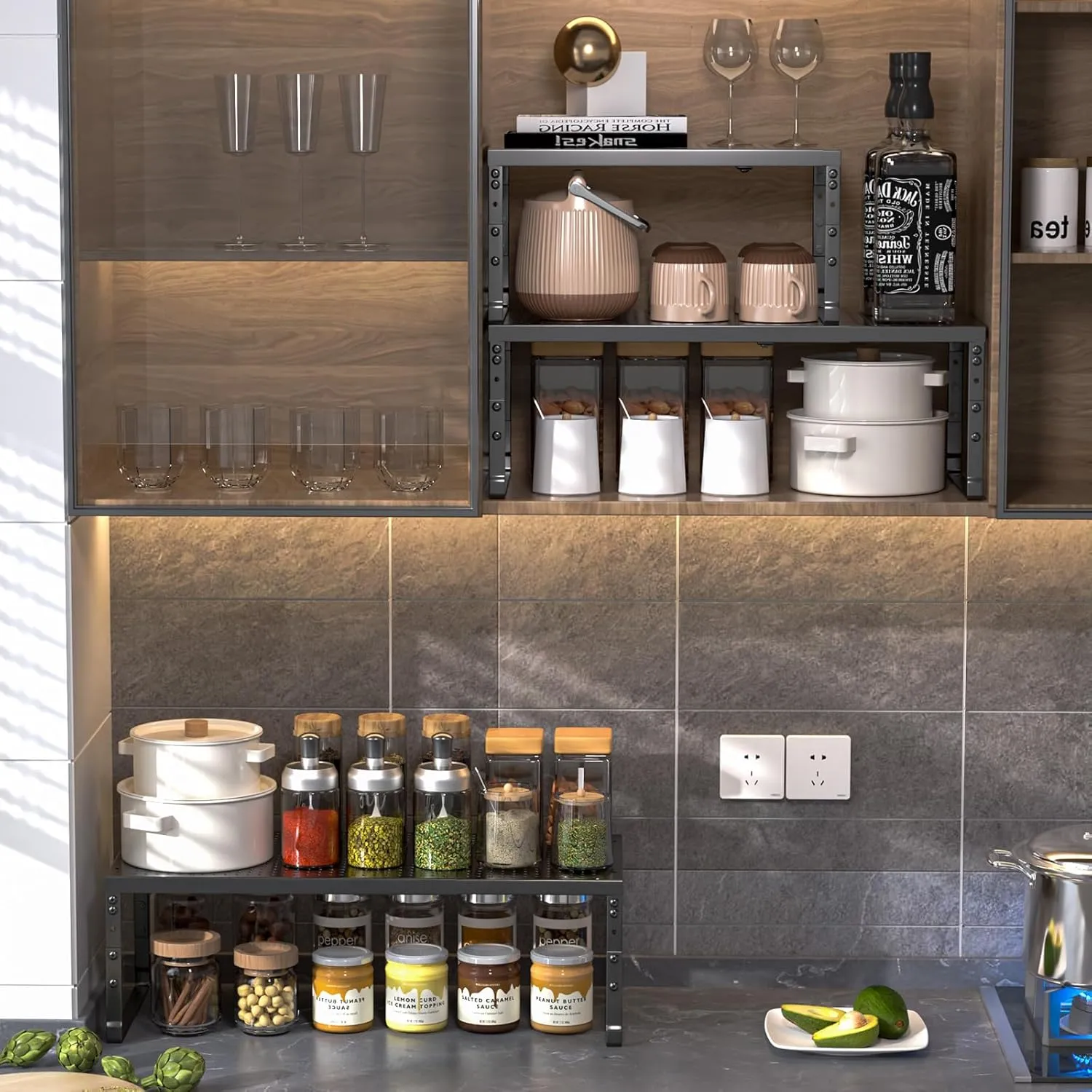 Cabinet Shelf,Expandable Adjustable Stackable Kitchen Organizer,for cabinets, Kitchens, countertops, bathrooms Shelf Organizer(2Packs/Black,Large)