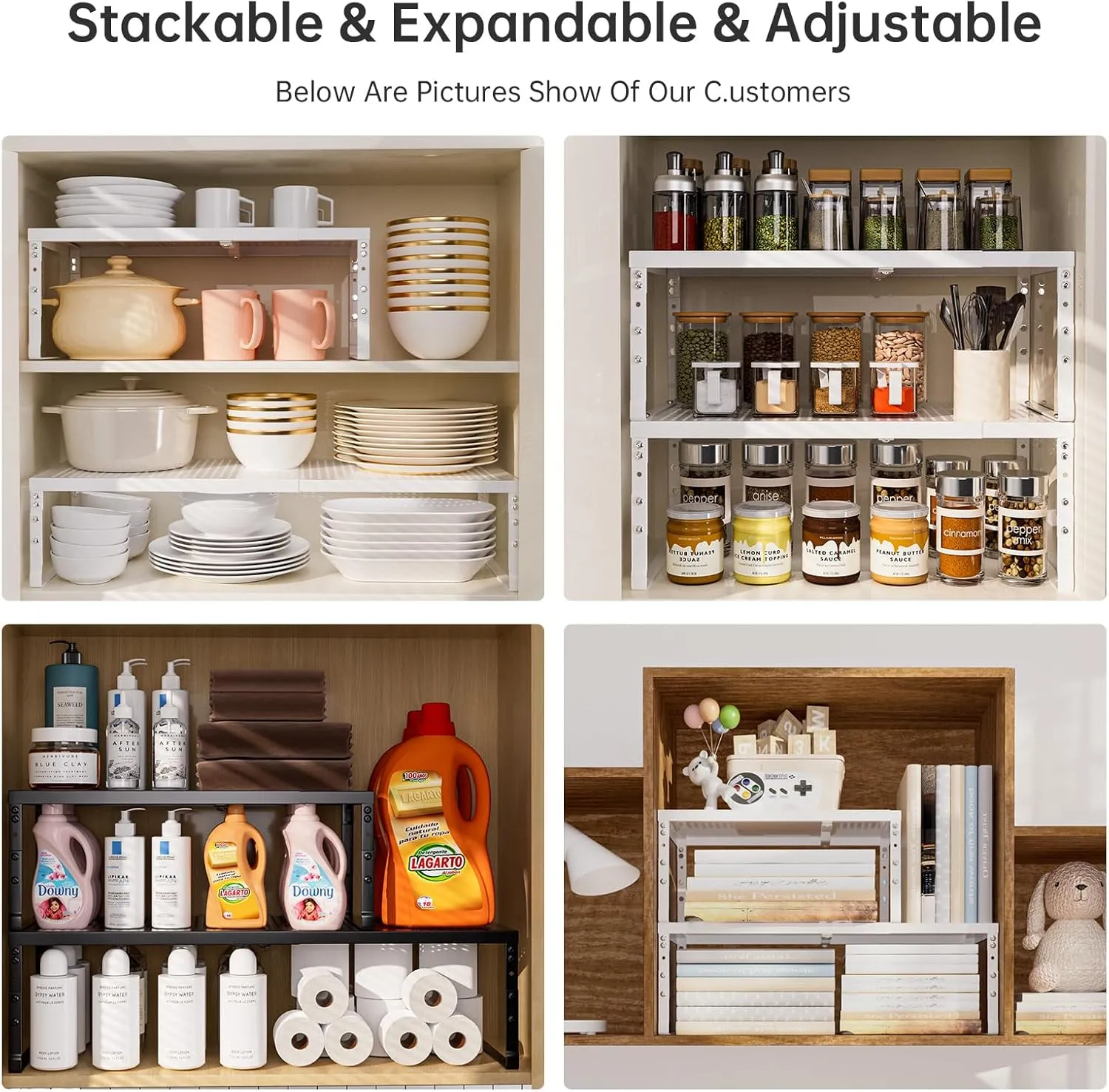 Cabinet Shelf,Expandable Adjustable Stackable Kitchen Organizer,for cabinets, Kitchens, countertops, bathrooms Shelf Organizer(2Packs/Black,Large)