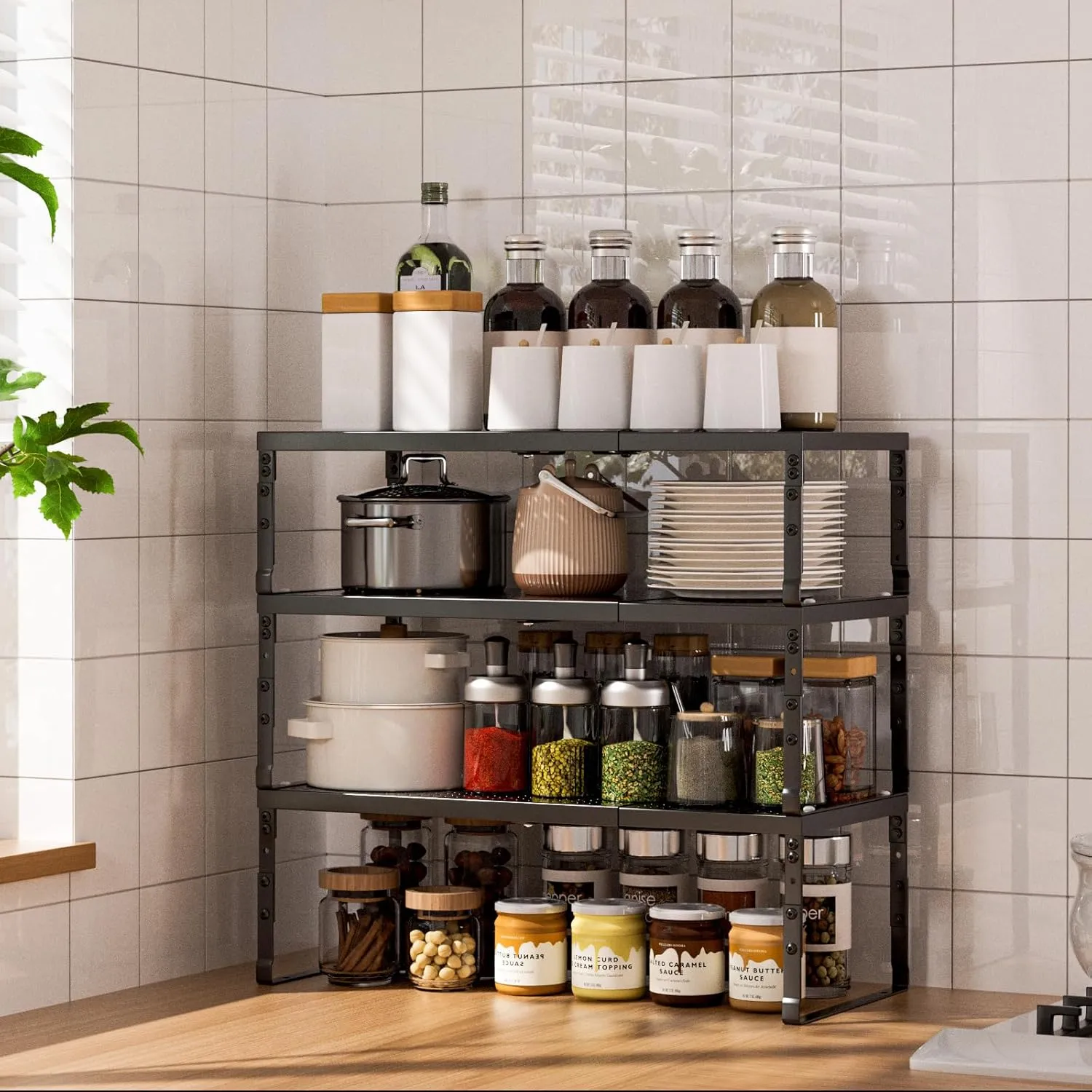Cabinet Shelf,Expandable Adjustable Stackable Kitchen Organizer,for cabinets, Kitchens, countertops, bathrooms Shelf Organizer(2Packs/Black,Large)