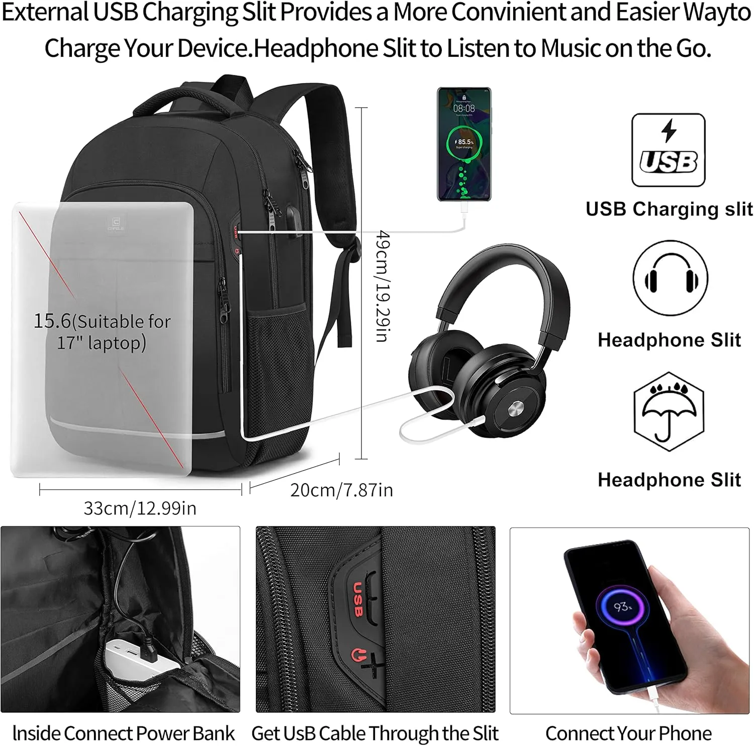 CAFELE Backpack, Laptop Backpack, Carry on Backpack, Durable TSA Friendly Business Travel 17.3 Inch Laptop Backpack with USB Port, College School Bag Gift for Men Women Teens Bookbag, Black