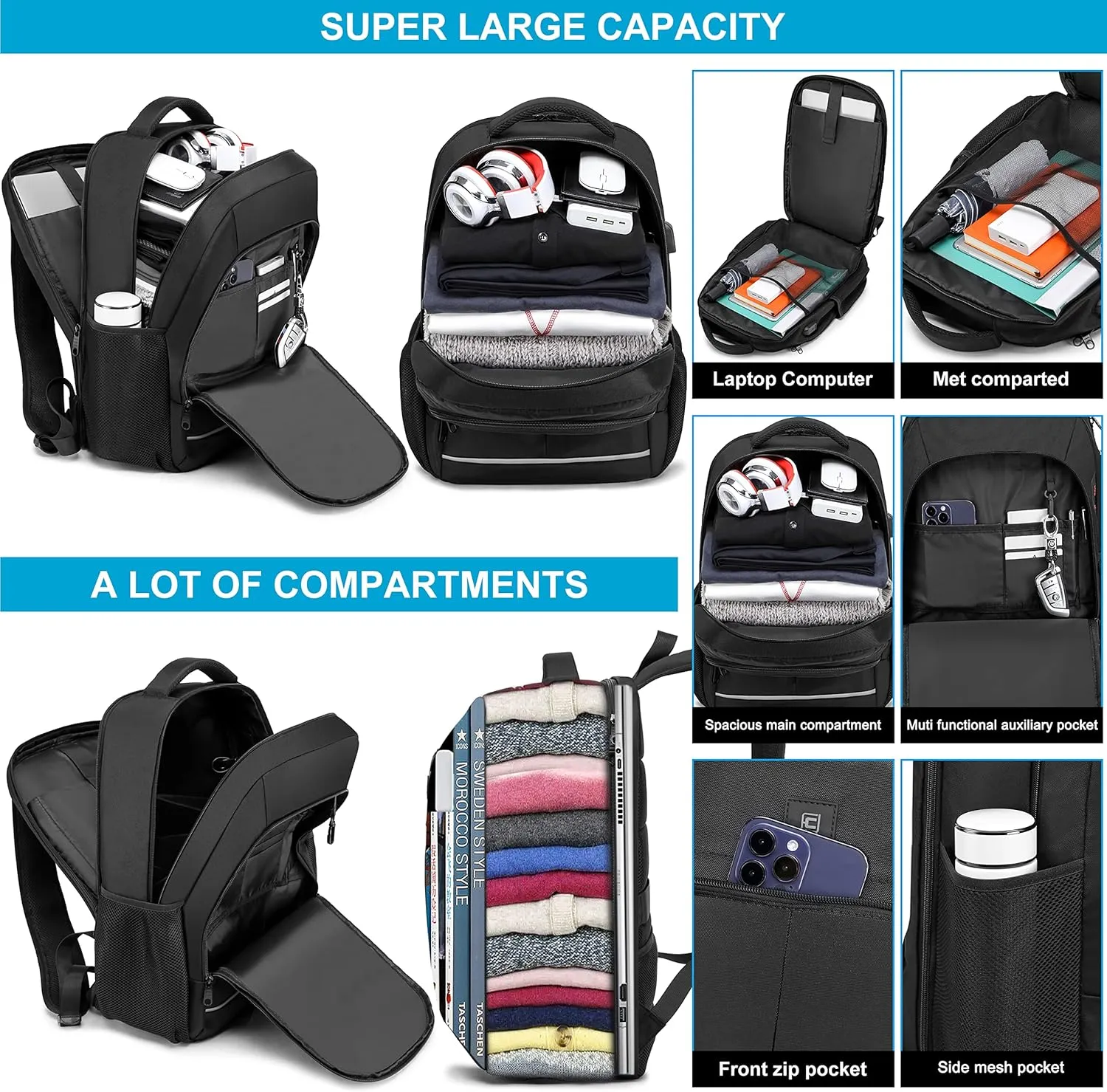 CAFELE Backpack, Laptop Backpack, Carry on Backpack, Durable TSA Friendly Business Travel 17.3 Inch Laptop Backpack with USB Port, College School Bag Gift for Men Women Teens Bookbag, Black