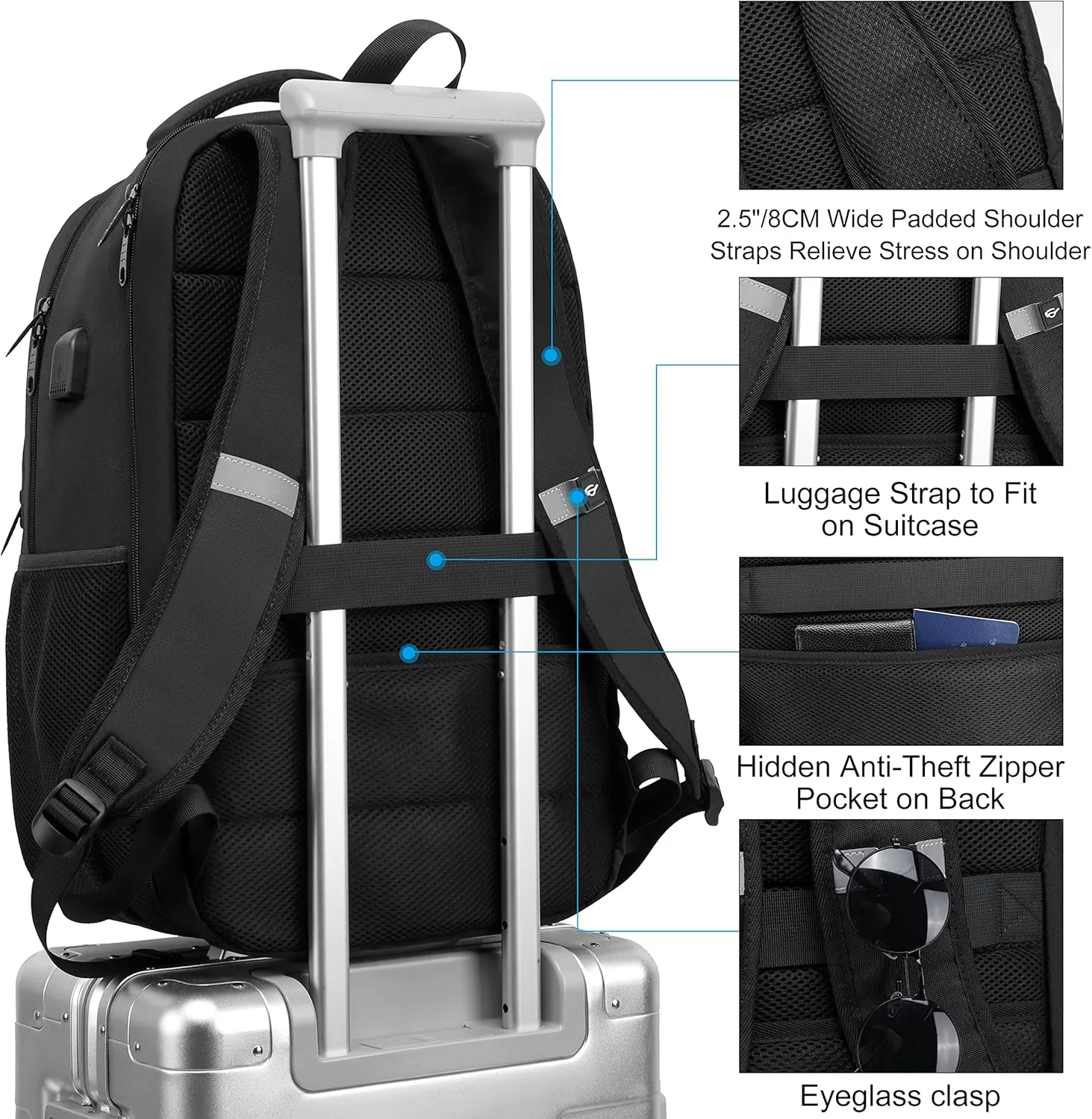 CAFELE Backpack, Laptop Backpack, Carry on Backpack, Durable TSA Friendly Business Travel 17.3 Inch Laptop Backpack with USB Port, College School Bag Gift for Men Women Teens Bookbag, Black