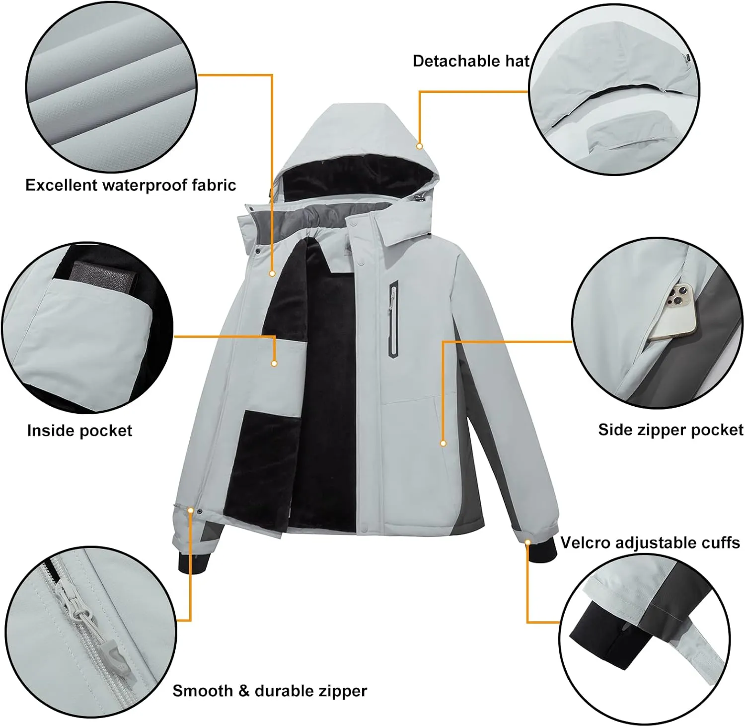 CAMEL CROWN Men's Mountain Snow Waterproof Ski Jacket Detachable Hood Windproof Fleece Parka Rain Jacket Winter Coat