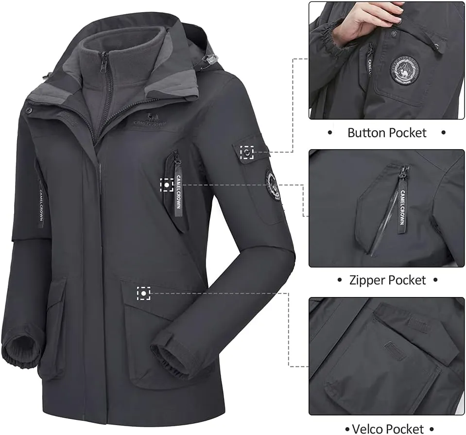 CAMEL CROWN Womens Waterproof Ski Jacket 3-in-1 Windbreaker Winter Coat Fleece Inner for Rain Snow Outdoor Hiking
