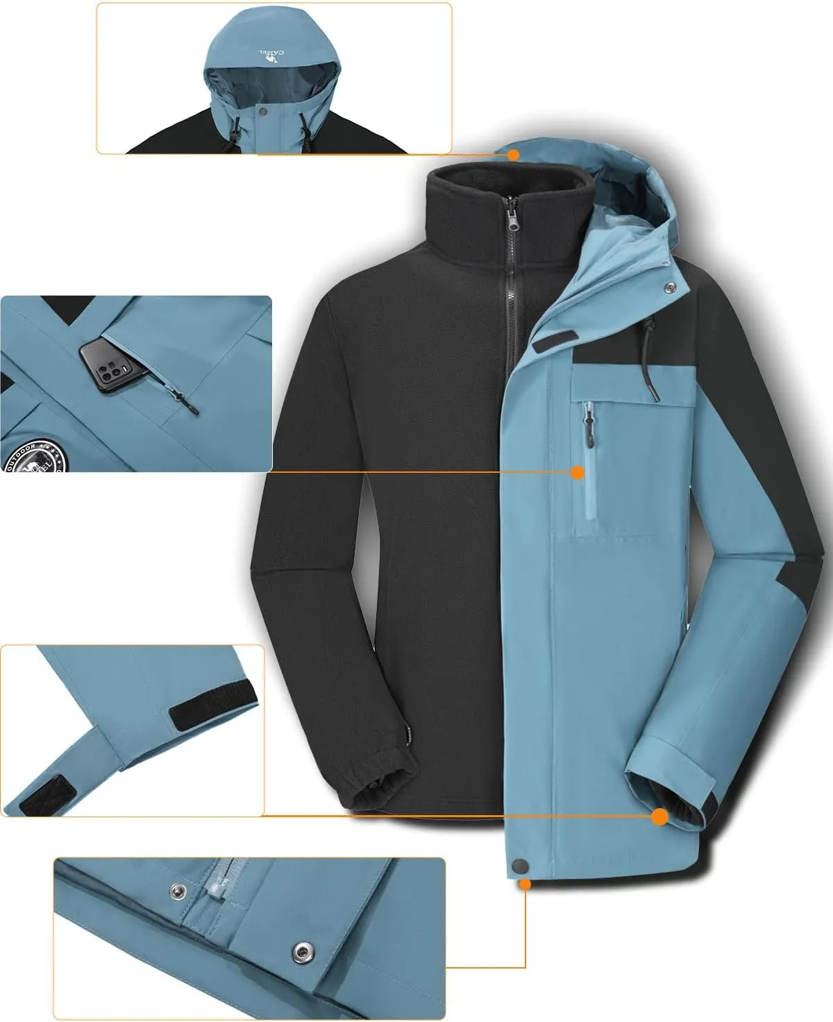 CAMELSPORTS Men's Mountain Ski Jacket 3 in 1 Waterproof Winter Jacket Warm Snow Jacket Hooded Rain Coat Windproof Winter Coat