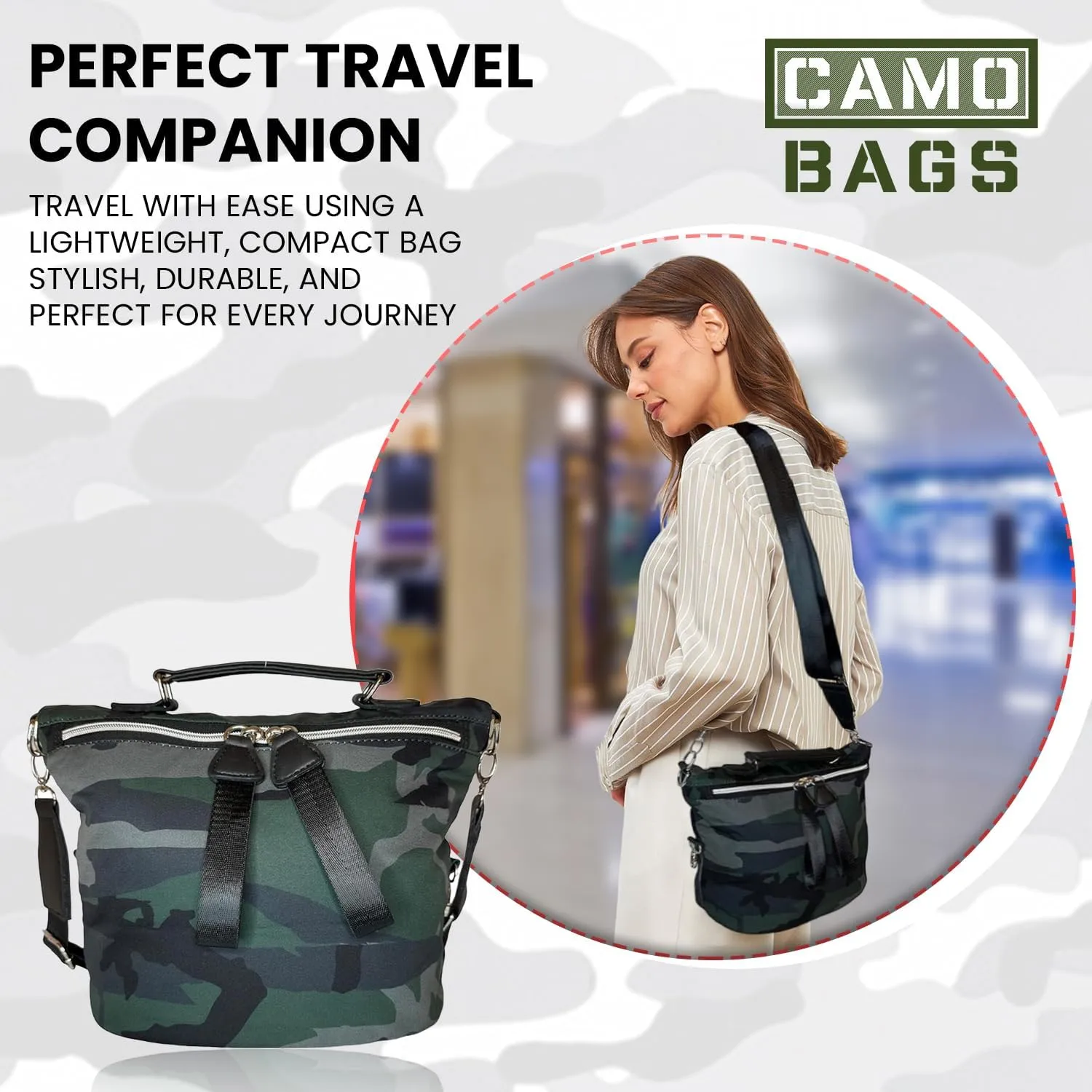 Camo Travel Shopping Shoulder Bag/Purse | Durable Softshell Tote Bag | with Zipper Closure & Adjustable Shoulder Strap