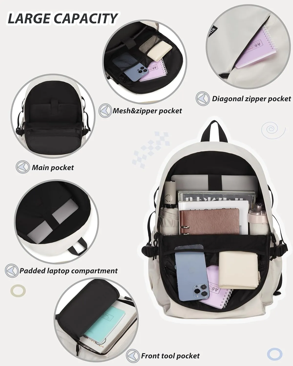 Caoroky knight College School Bag for Men Women Laptop Backpack 15.6 Inch Anti Theft Travel Daypack Large Elementary Middle High Bookbags for Teens Girls Boys Students-Large,off-white