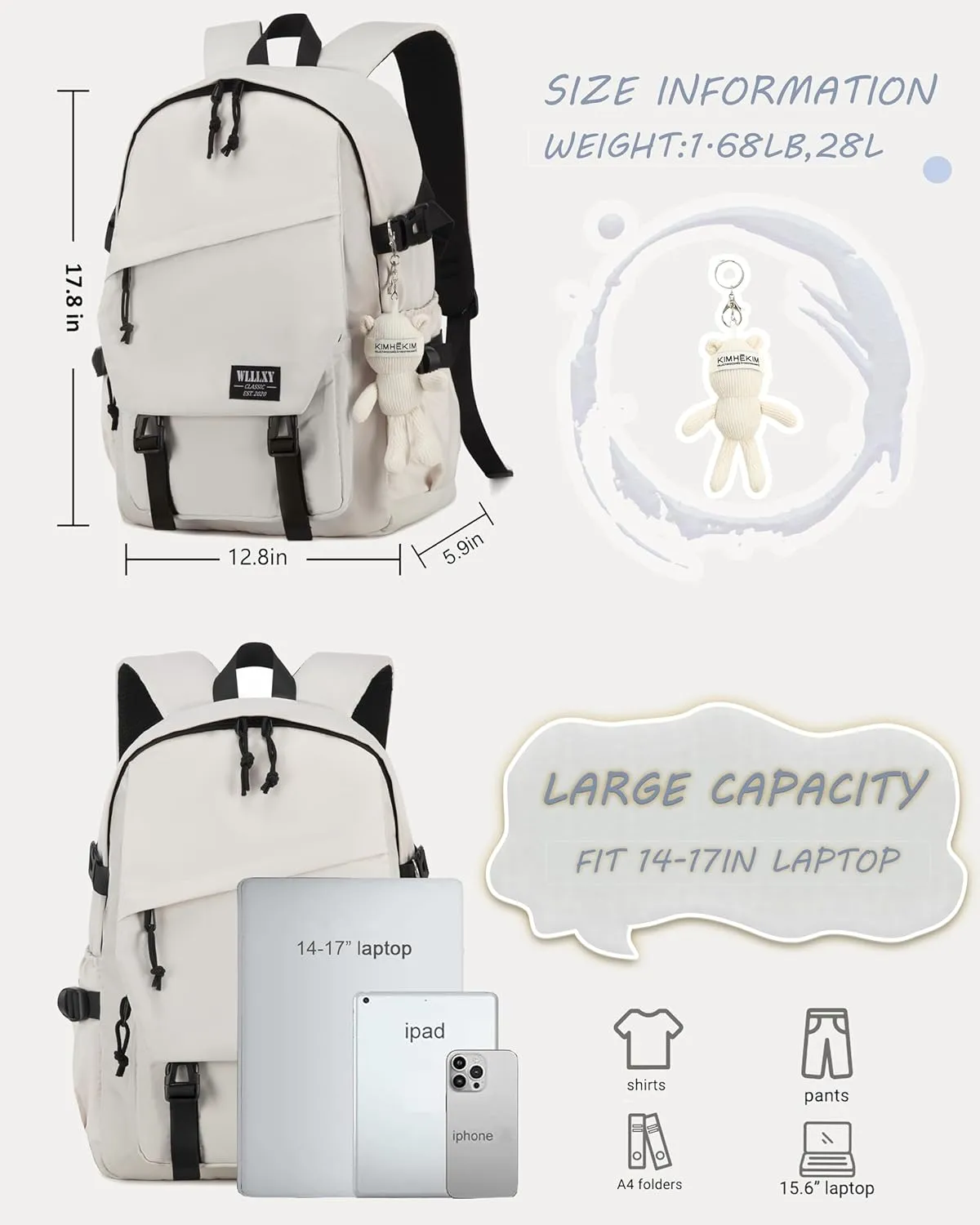 Caoroky knight College School Bag for Men Women Laptop Backpack 15.6 Inch Anti Theft Travel Daypack Large Elementary Middle High Bookbags for Teens Girls Boys Students-Large,off-white
