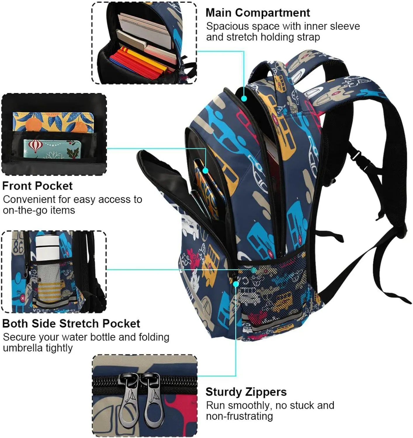 Car Backpack for Girls Kids Boys School Bookbags, Student Laptop Backpack Carrying Bag Casual Lightweight Travel Sports Day Packs