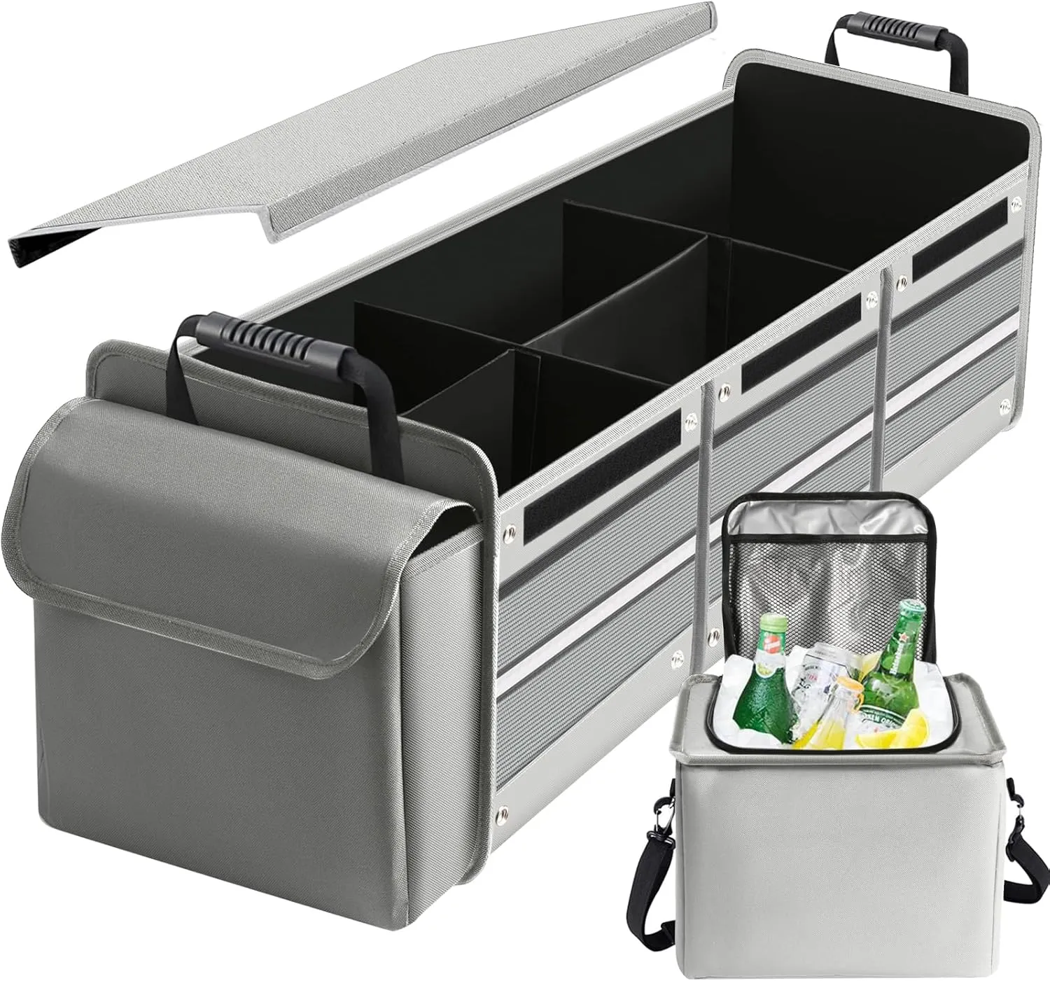 Car Trunk Organizer,115L Heavy Duty Collapsible Trunk Storage, with Insulated Leakproof Cooler Bag Vehicle Cargo Organizer with Lid, 3 Compartments, Straps For Car,Suv,Jeep,Sedan-Grey