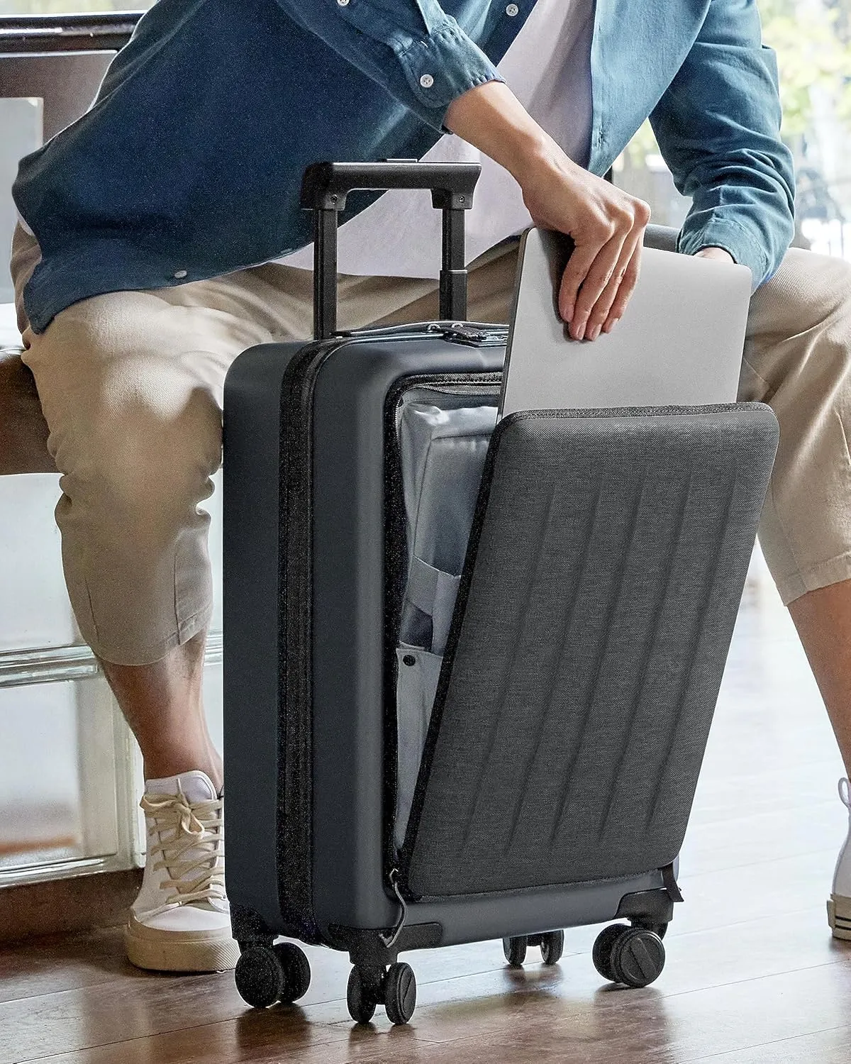 Carry on Luggage 22X14X9 Airline Approved with Front Pocket, 20 Inch Luggage with Front Laptop Compartment, Expandable, Double Spinner Wheels, Hardsided PC, TSA Lock (Cool Grey, Seine)