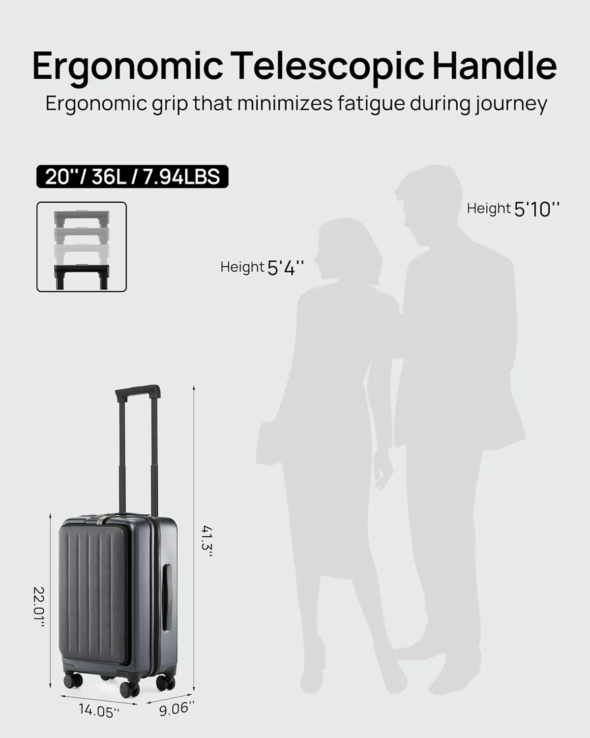 Carry on Luggage 22X14X9 Airline Approved with Front Pocket, 20 Inch Luggage with Front Laptop Compartment, Expandable, Double Spinner Wheels, Hardsided PC, TSA Lock (Cool Grey, Seine)