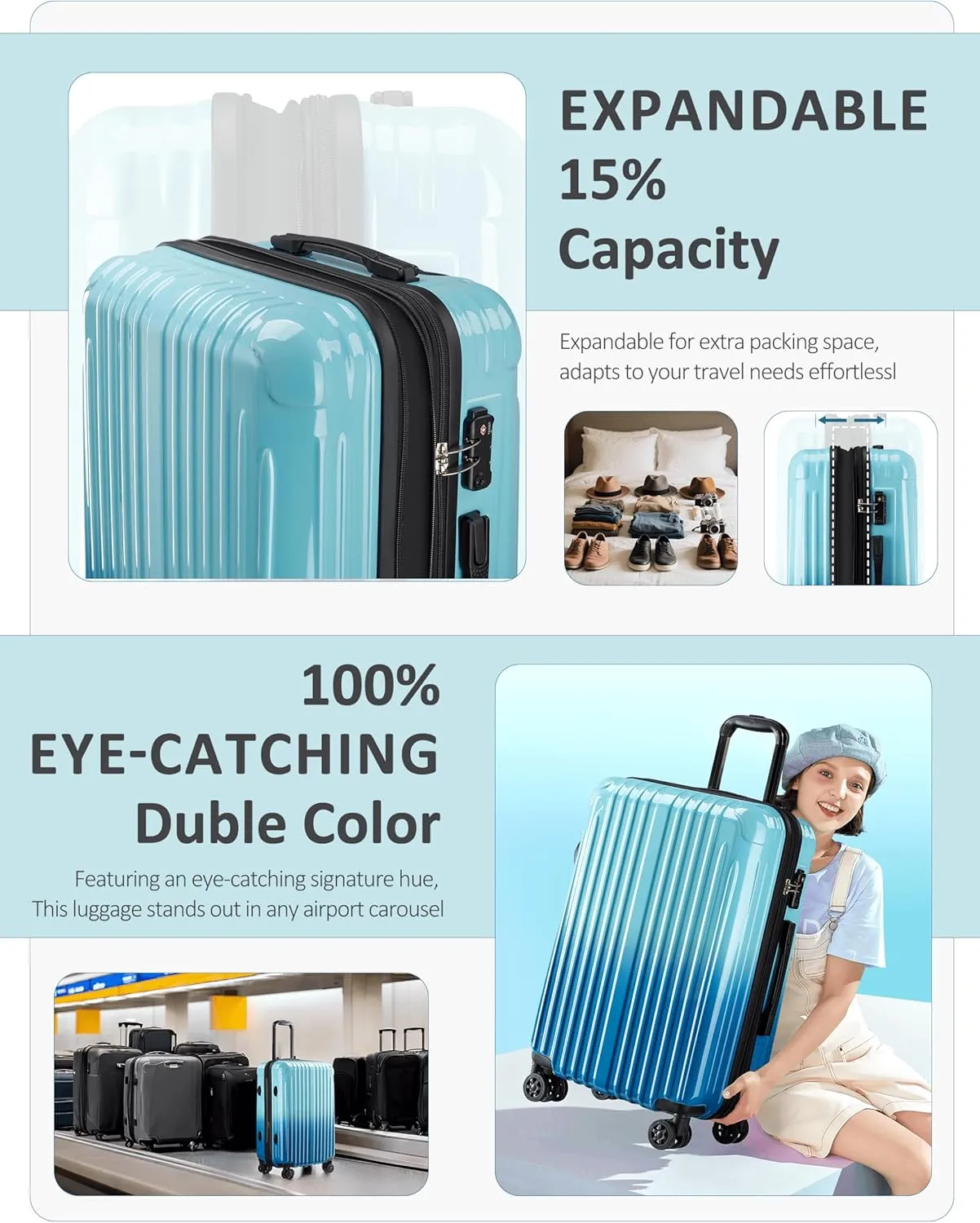 Carry on Luggage - Airline Approved Suitcases with Spinner Wheels, Built-In TSA Lock，Hard Shell Expandable Suitcases