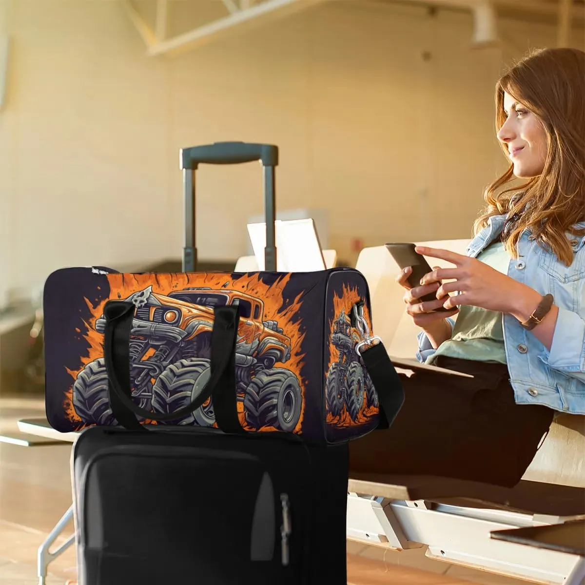 Cars Monster Truck Travel Duffel Bag for Women Men Waterproof Foldable Overnight Weekender Bag Large Capacity Sports Gym Bag