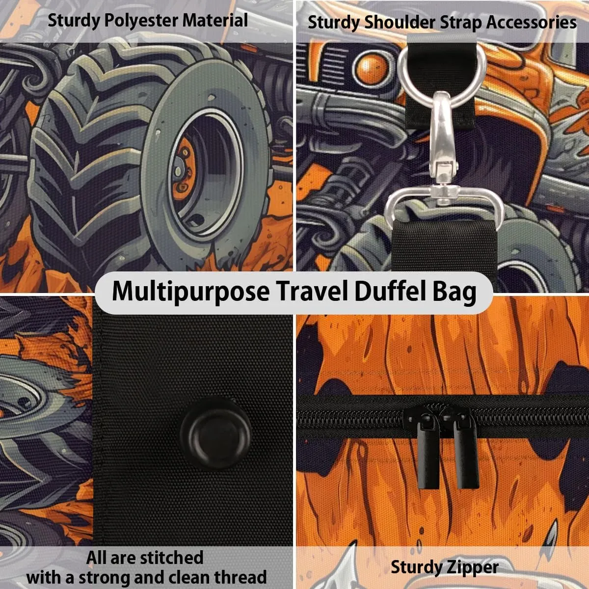 Cars Monster Truck Travel Duffel Bag for Women Men Waterproof Foldable Overnight Weekender Bag Large Capacity Sports Gym Bag