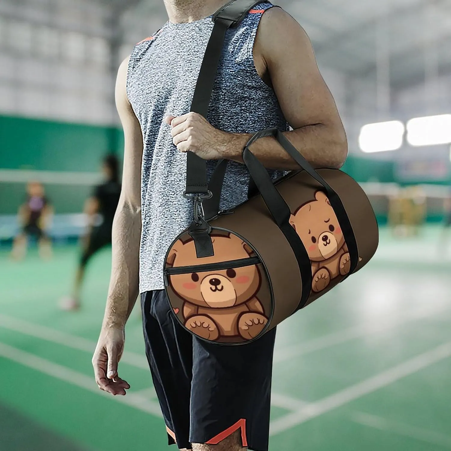 Cartoon Brown Cute Bear Gym Bag Small Travel Duffle Bag with Compartment Carry On Weekender Bag for Women Men