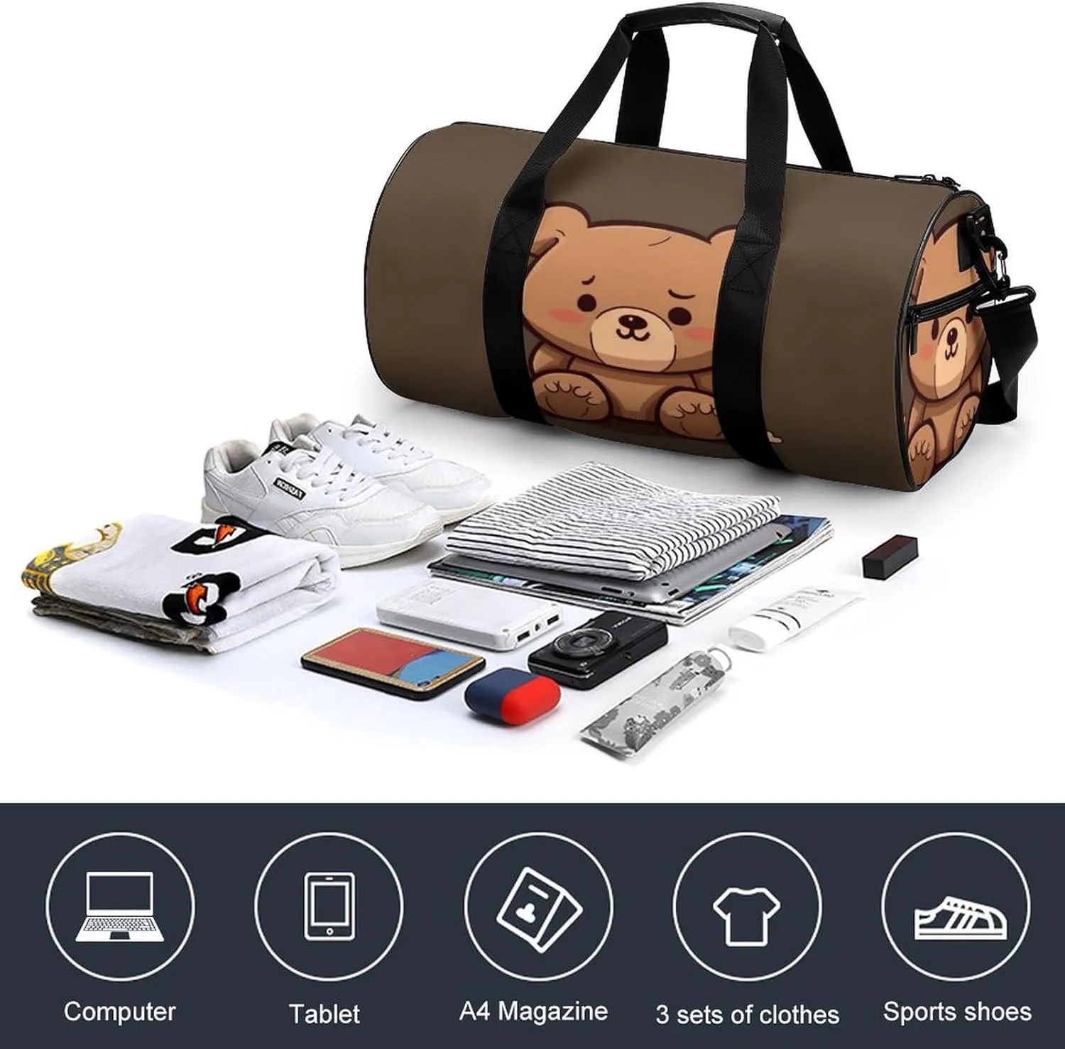 Cartoon Brown Cute Bear Gym Bag Small Travel Duffle Bag with Compartment Carry On Weekender Bag for Women Men
