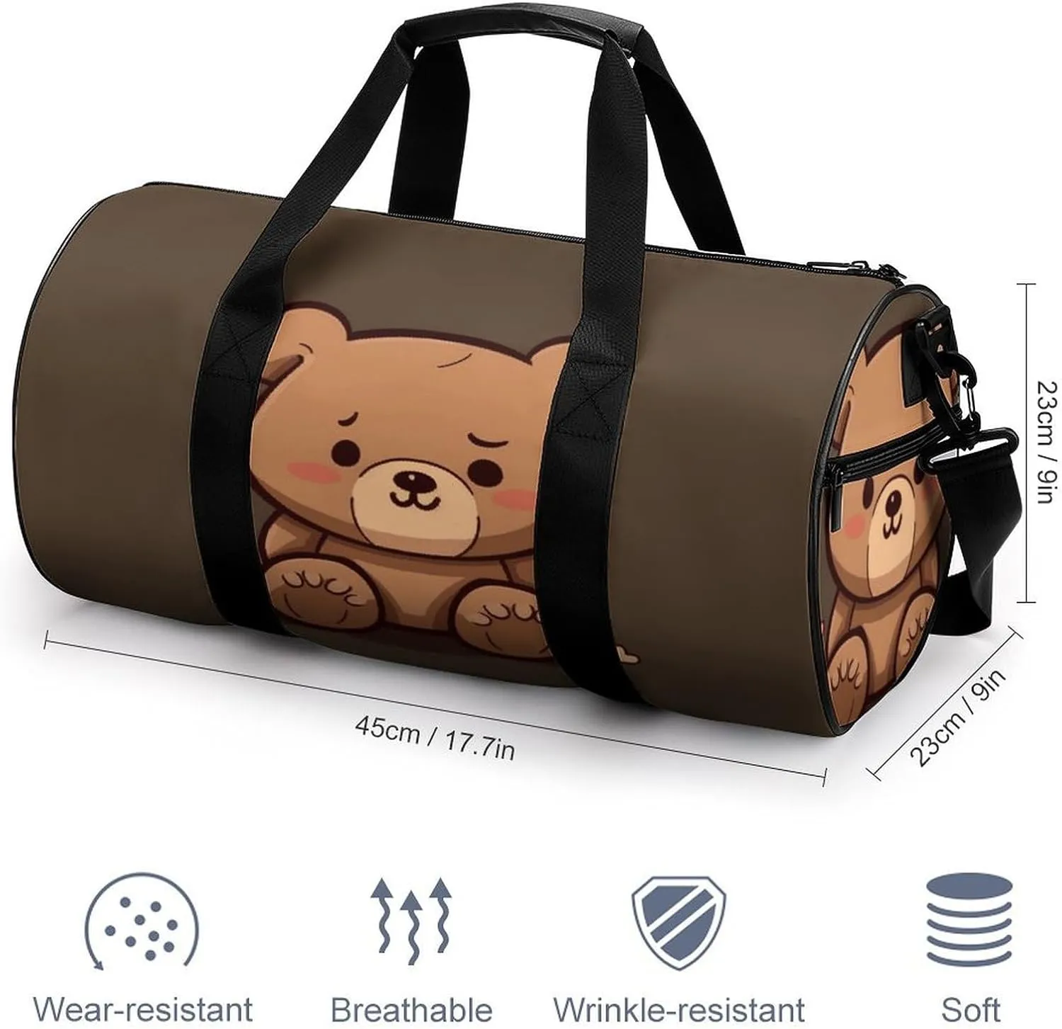 Cartoon Brown Cute Bear Gym Bag Small Travel Duffle Bag with Compartment Carry On Weekender Bag for Women Men
