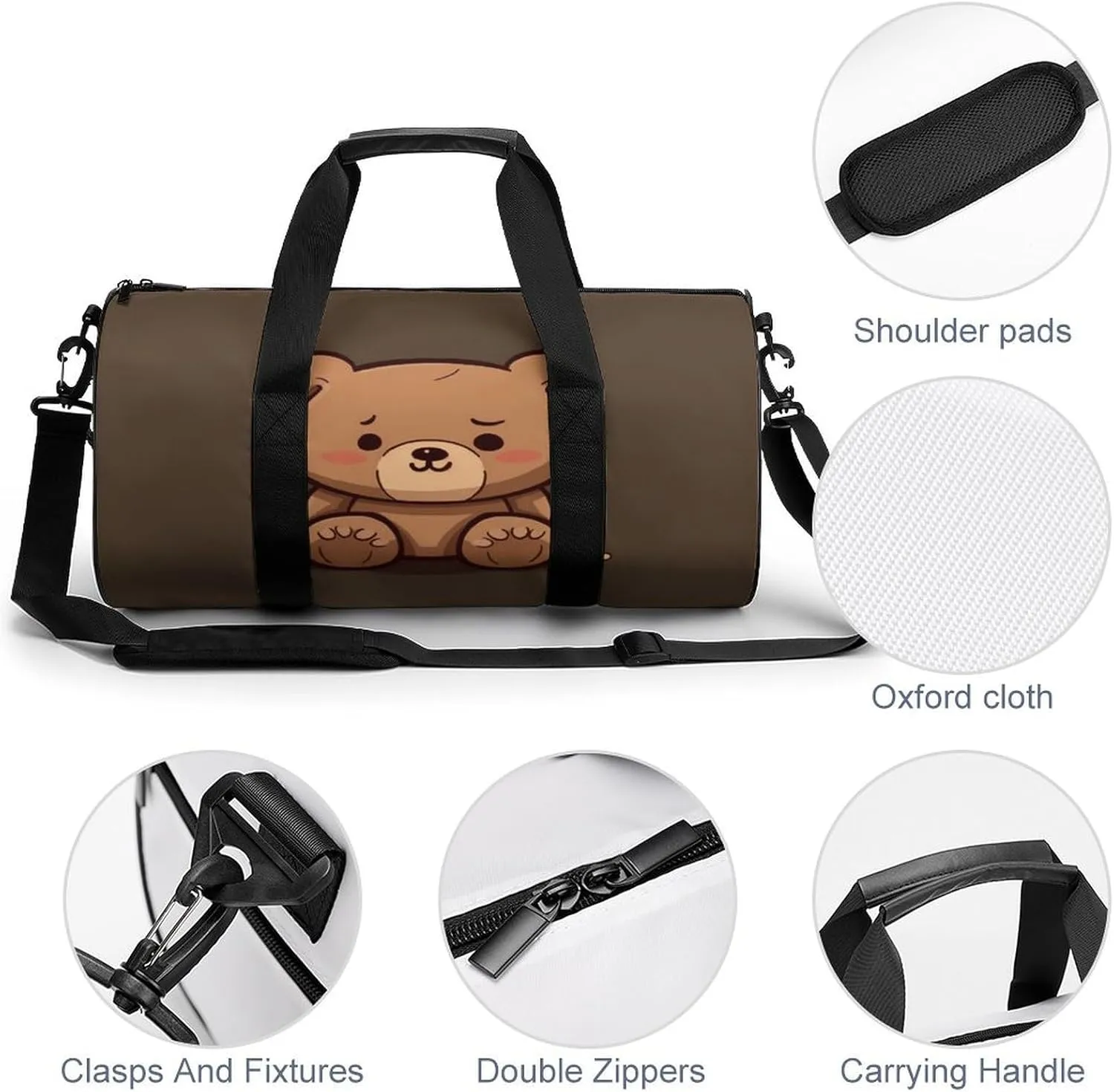 Cartoon Brown Cute Bear Gym Bag Small Travel Duffle Bag with Compartment Carry On Weekender Bag for Women Men