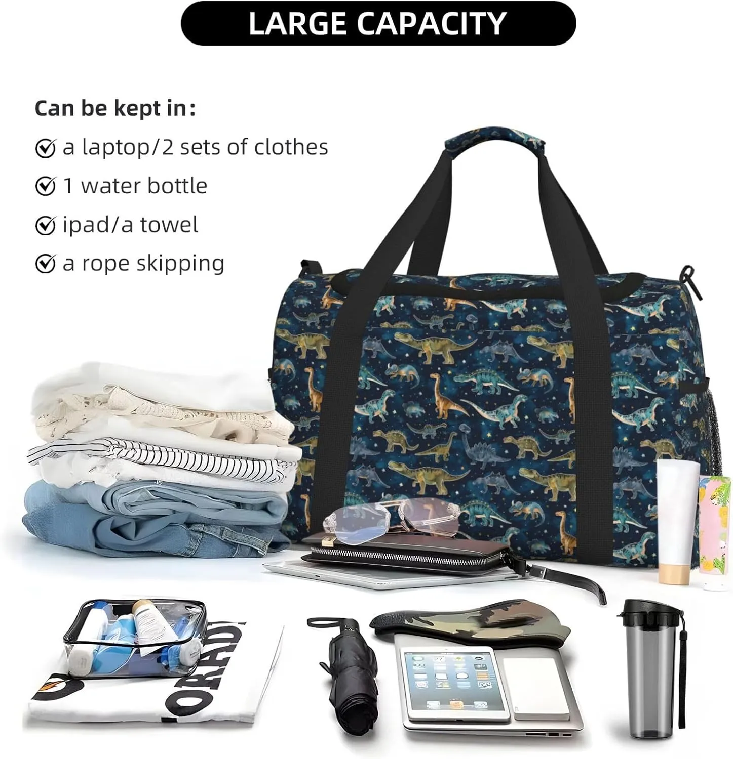 Cartoon Dinosaurs Big Capacity Sports Gym Bag Portable Travel Duffle Bag, Stars Lightweight Weekender Workout Bag for Overnight, Unisex