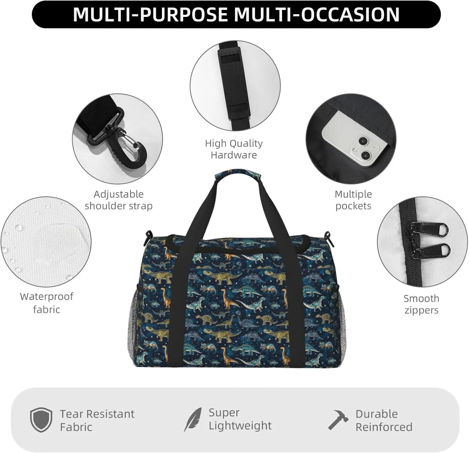 Cartoon Dinosaurs Big Capacity Sports Gym Bag Portable Travel Duffle Bag, Stars Lightweight Weekender Workout Bag for Overnight, Unisex