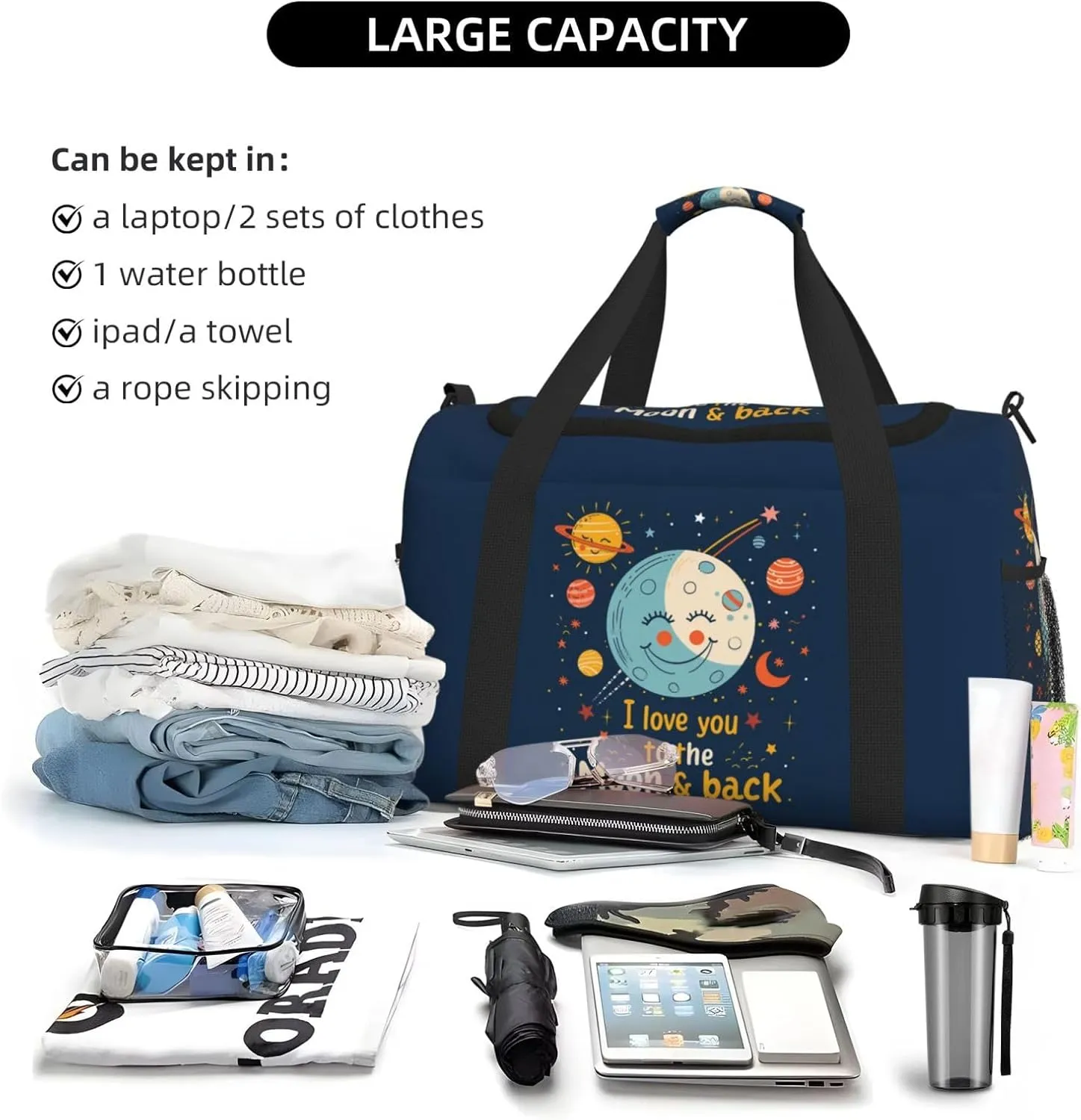 Cartoon Moon and Love Big Capacity Sports Gym Bag Portable Travel Duffle Bag, Cute Stars Lightweight Weekender Workout Bag for Overnight, Unisex