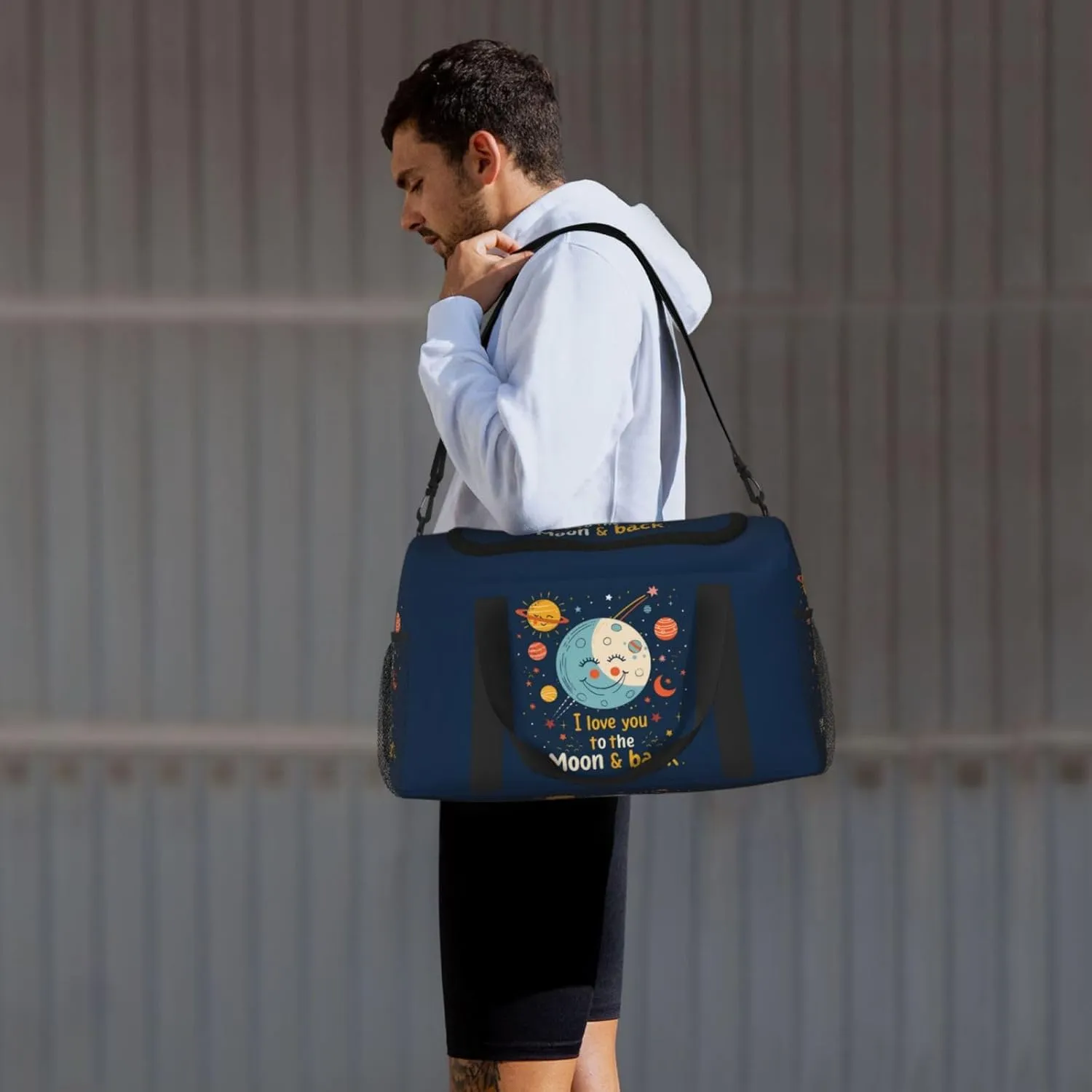Cartoon Moon and Love Big Capacity Sports Gym Bag Portable Travel Duffle Bag, Cute Stars Lightweight Weekender Workout Bag for Overnight, Unisex