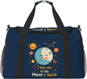 Cartoon Moon and Love Big Capacity Sports Gym Bag Portable Travel Duffle Bag, Cute Stars Lightweight Weekender Workout Bag for Overnight, Unisex