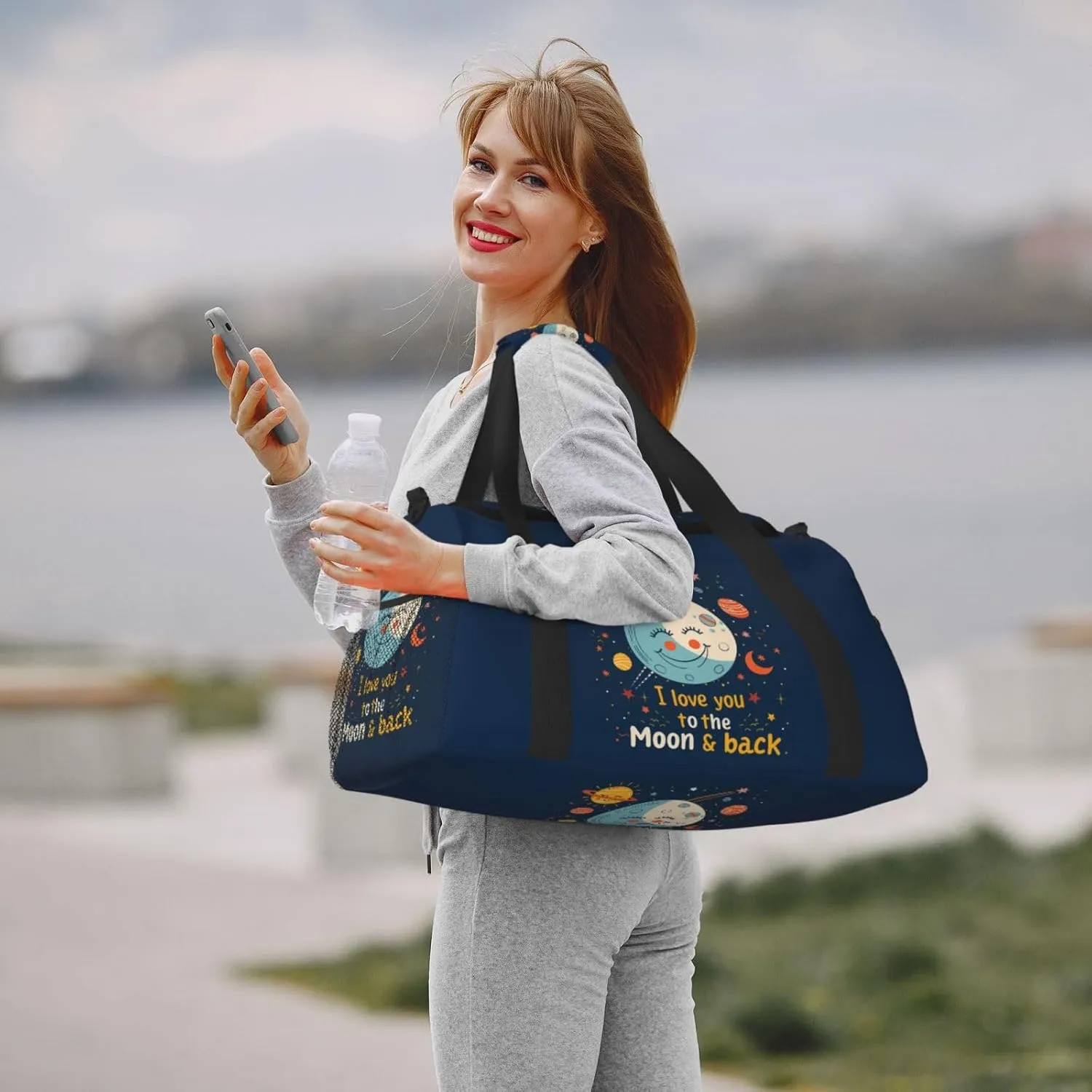 Cartoon Moon and Love Big Capacity Sports Gym Bag Portable Travel Duffle Bag, Cute Stars Lightweight Weekender Workout Bag for Overnight, Unisex