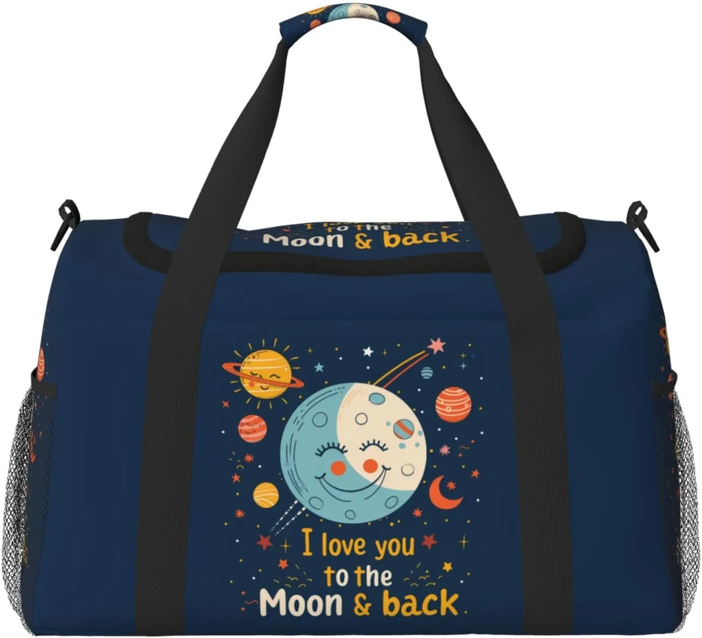 Cartoon Moon and Love Big Capacity Sports Gym Bag Portable Travel Duffle Bag, Cute Stars Lightweight Weekender Workout Bag for Overnight, Unisex
