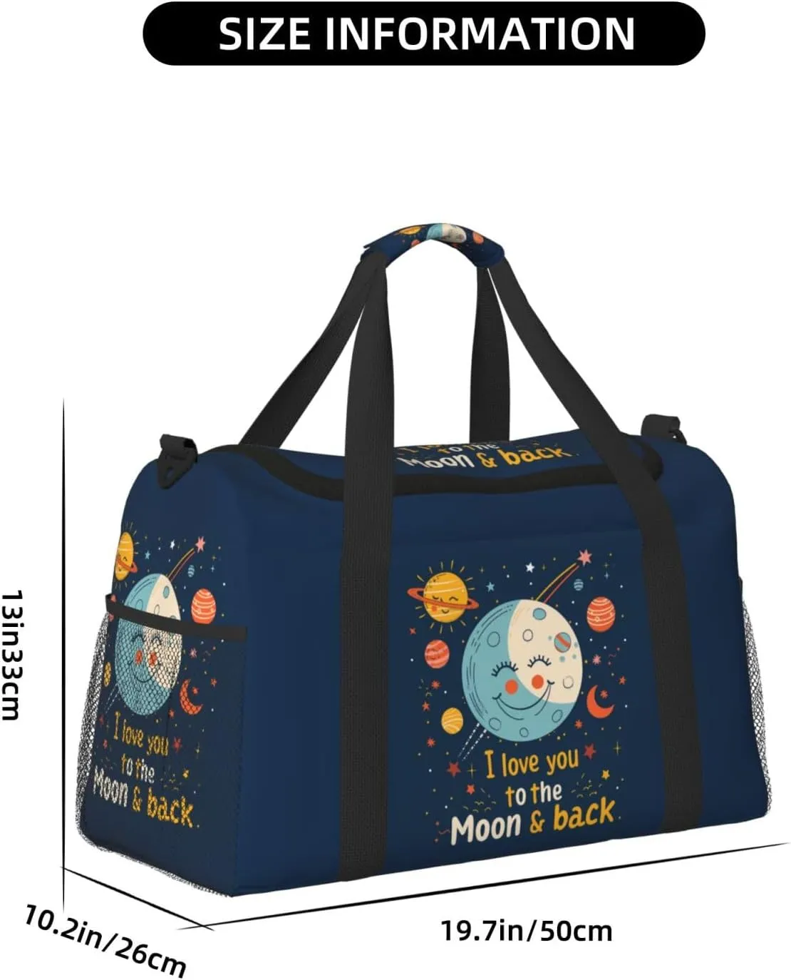 Cartoon Moon and Love Big Capacity Sports Gym Bag Portable Travel Duffle Bag, Cute Stars Lightweight Weekender Workout Bag for Overnight, Unisex