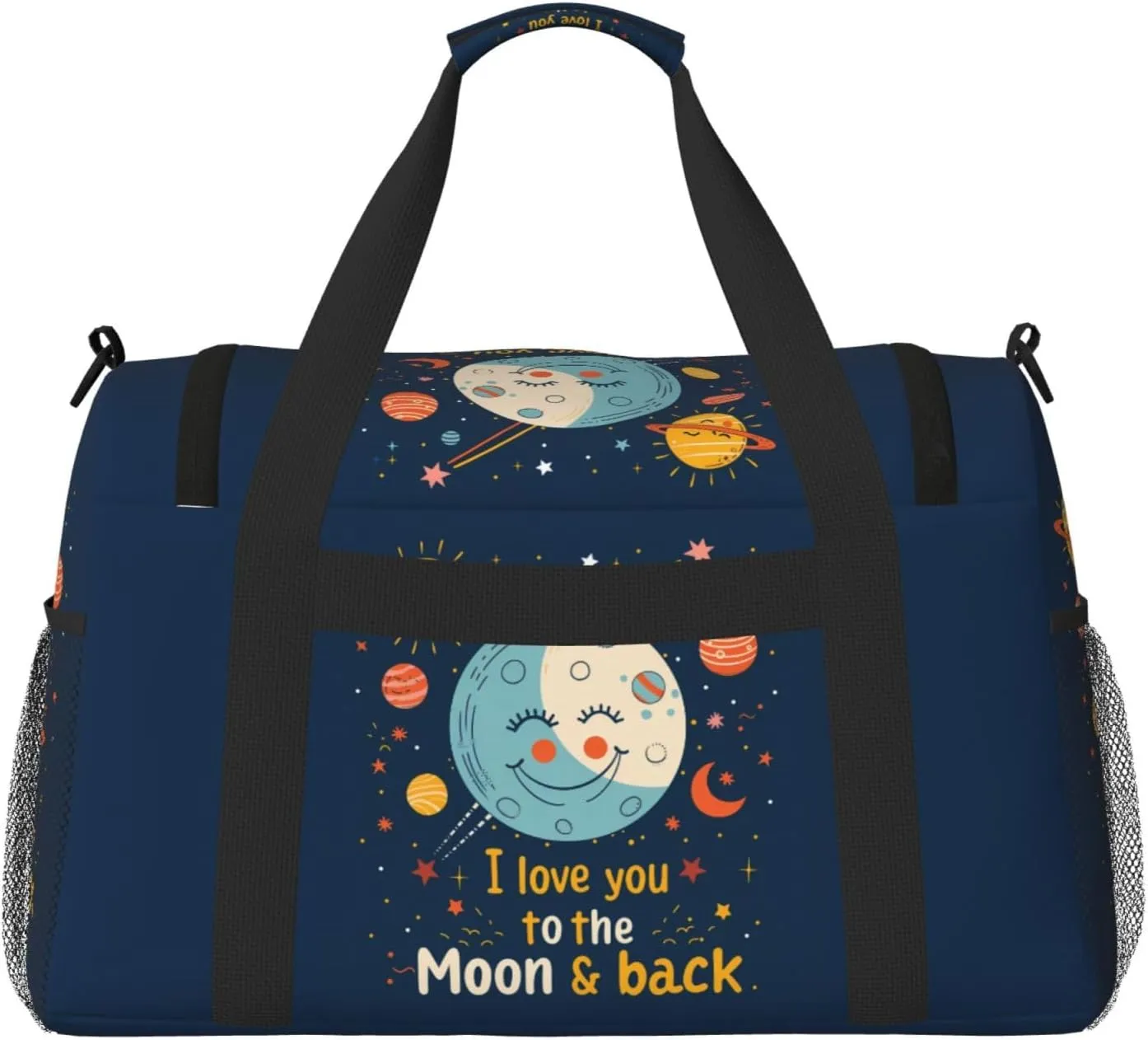 Cartoon Moon and Love Big Capacity Sports Gym Bag Portable Travel Duffle Bag, Cute Stars Lightweight Weekender Workout Bag for Overnight, Unisex