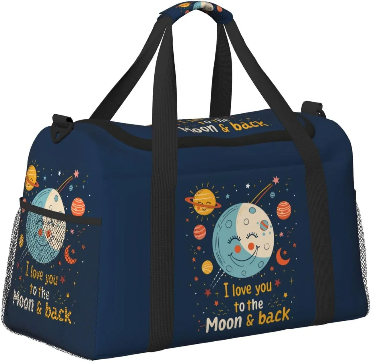 Cartoon Moon and Love Big Capacity Sports Gym Bag Portable Travel Duffle Bag, Cute Stars Lightweight Weekender Workout Bag for Overnight, Unisex