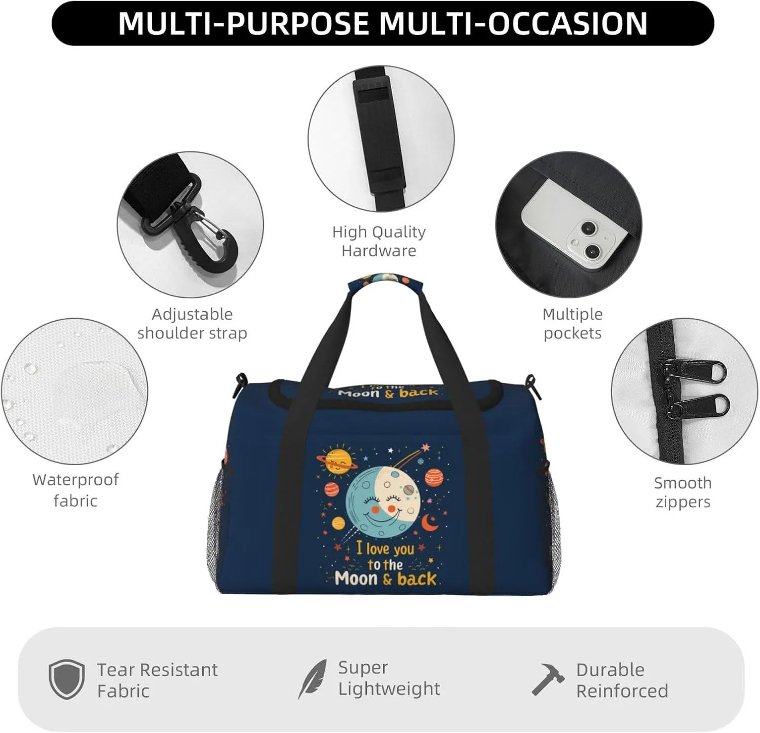 Cartoon Moon and Love Big Capacity Sports Gym Bag Portable Travel Duffle Bag, Cute Stars Lightweight Weekender Workout Bag for Overnight, Unisex