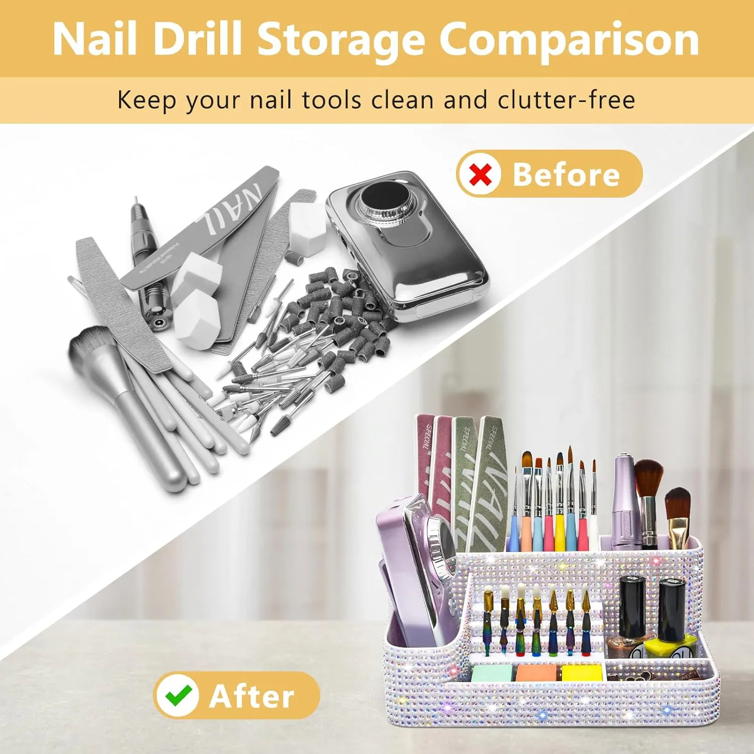 CGBE Nail Drill Holder, 28 Holes Drill Bit Holder for Nails, Professional Nail Tool Organizer, Nail Desk Organizer for Nail Tech, Nail Salon DIY Use - Bling dz-White (Not Including Nail Drill Set)