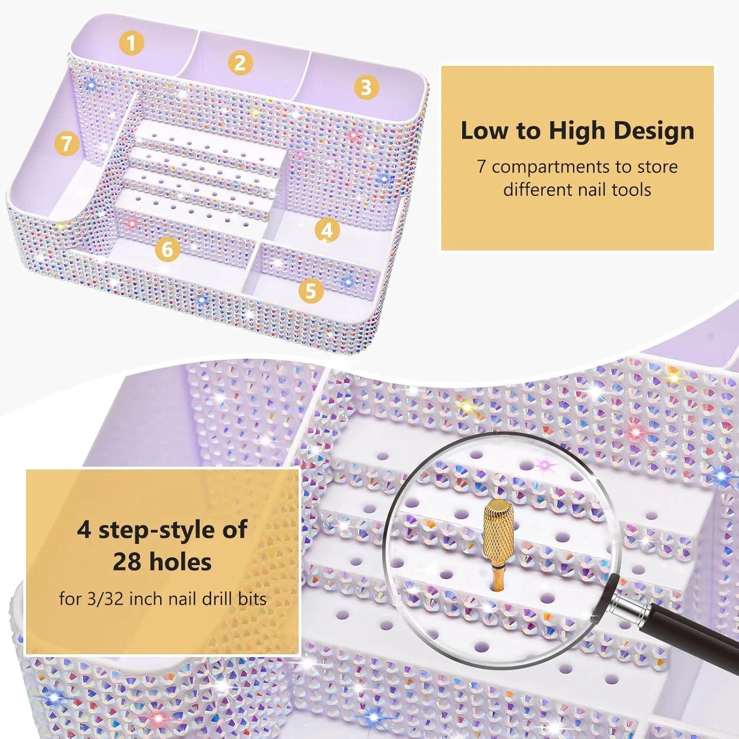 CGBE Nail Drill Holder, 28 Holes Drill Bit Holder for Nails, Professional Nail Tool Organizer, Nail Desk Organizer for Nail Tech, Nail Salon DIY Use - Bling dz-White (Not Including Nail Drill Set)