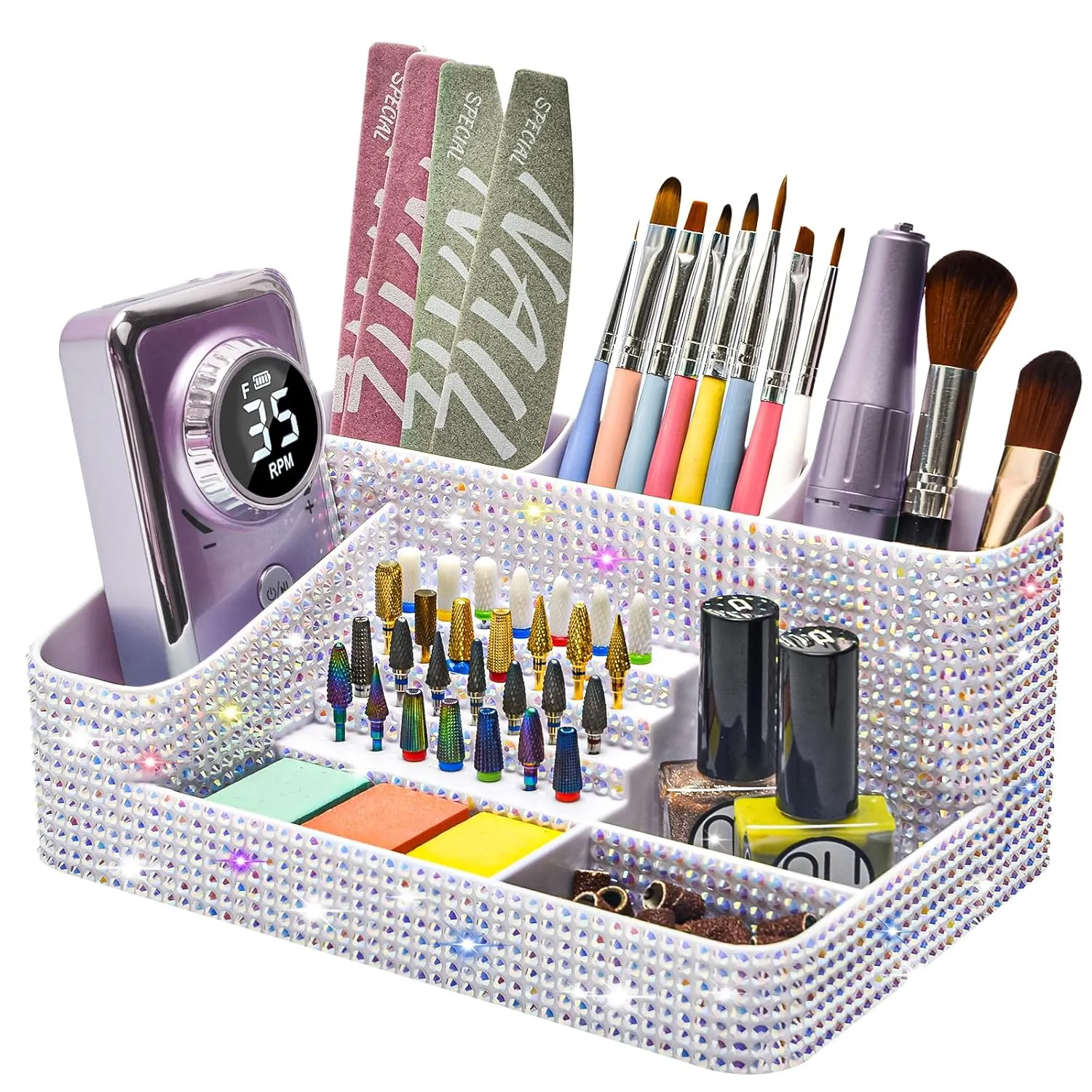 CGBE Nail Drill Holder, 28 Holes Drill Bit Holder for Nails, Professional Nail Tool Organizer, Nail Desk Organizer for Nail Tech, Nail Salon DIY Use - Bling dz-White (Not Including Nail Drill Set)