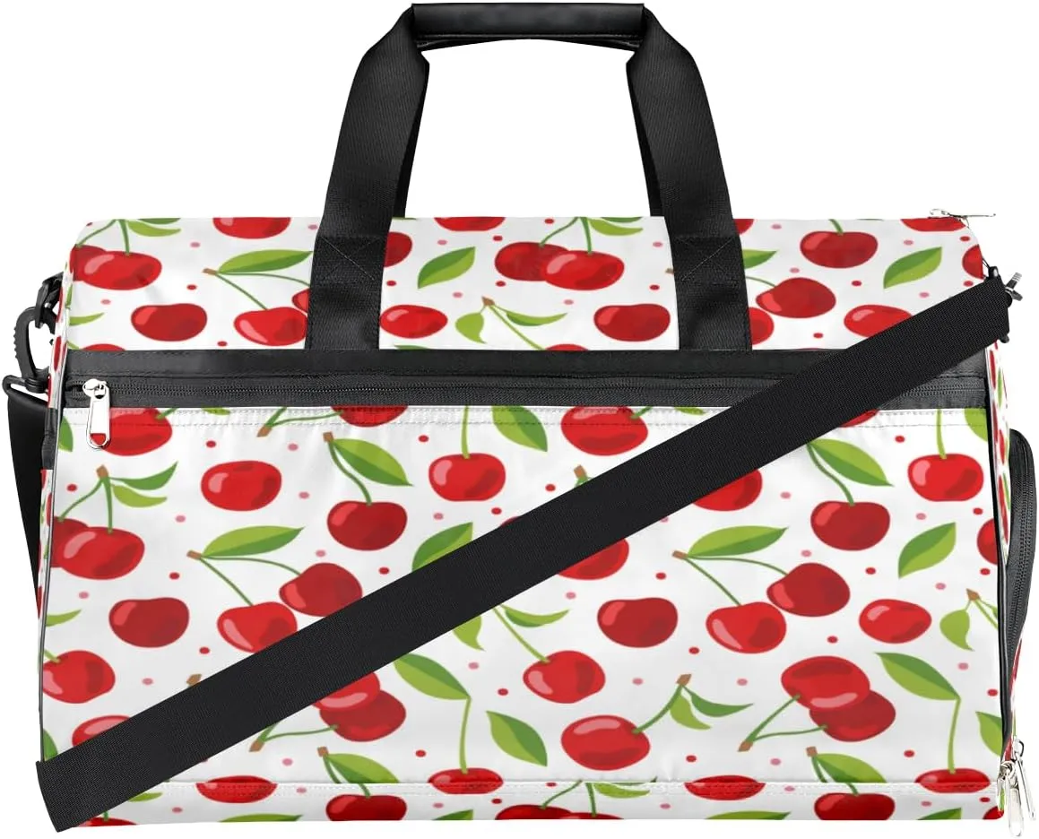 Cherry Print Sports Gym Bag for Women Men Travel Duffel Bag with Wet Pocket & Shoes Compartment Waterproof Weekender Overnight Tote Carry on Bag Lightweight